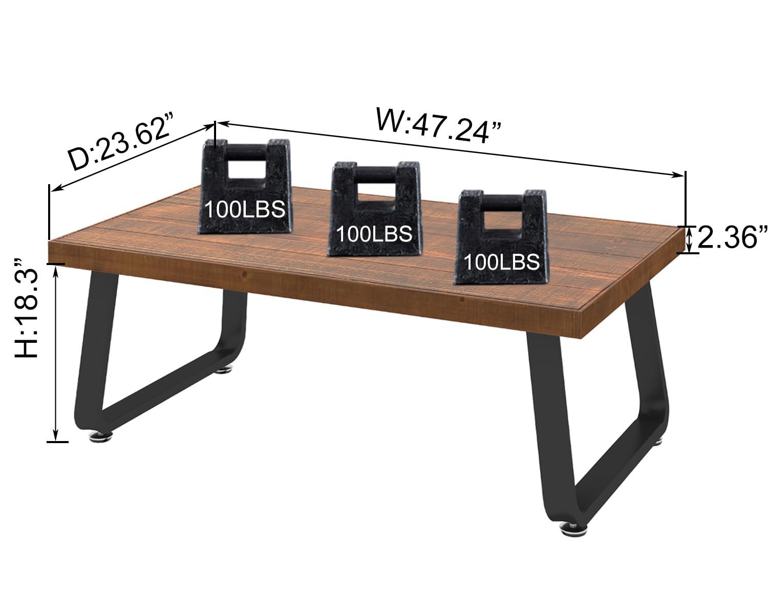 IBF IBF Natural Wood Coffee Table, Rustic Solid Real Wood Center Table for Living Room, Rectangle Metal Modern Industrial Minimalist Wooden Cocktail/Tea Table, Rustic Brown, 47 Inch
