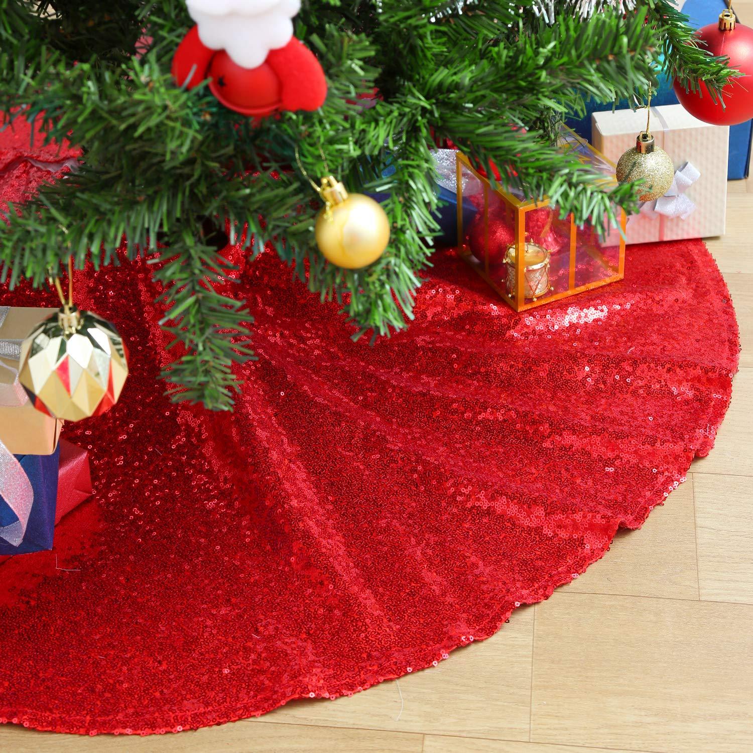 QueenDream Red Tree Skirt 24 inches Small Christmas Tree Skirt Glitter Sequin Tree Skirt for Christmas Decorations