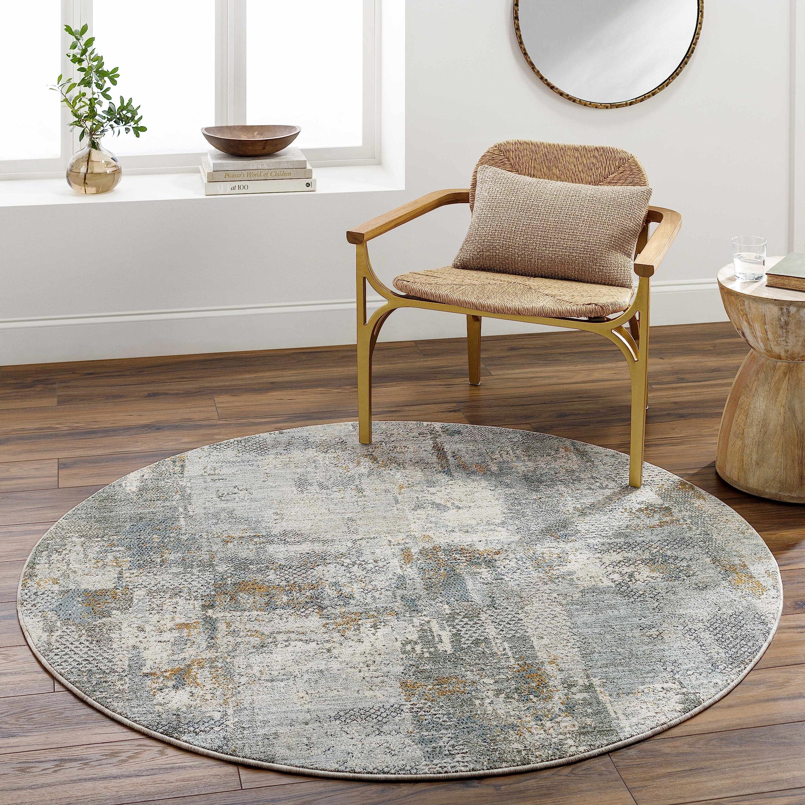 Hauteloom Hauteloom Elina Living Room, Bedroom Area Rug - Modern Abstract Boho Farmhouse - Contemporary Faded Distressed Carpet - Green, Gray, Brown - 5'3"-Round