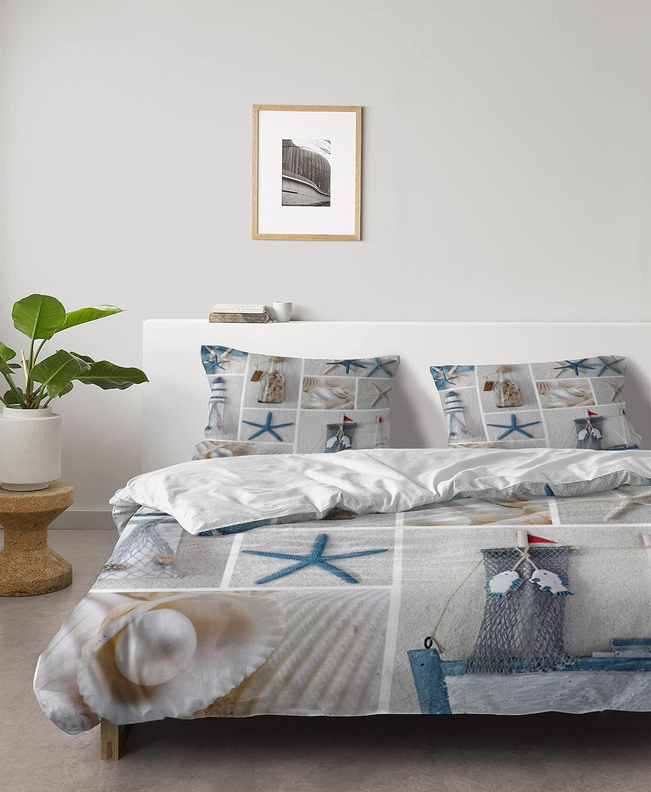 Chucoco Chucoco Twin Duvet Covers Set Coastal Lighthouse Sailboat Starfish Marine Life 4 Pcs Bedding Sets Brushed Microfiber Quilt Covers Lightweight Cozy Flat Sheet with 2 Pillowcases Ocean Elements