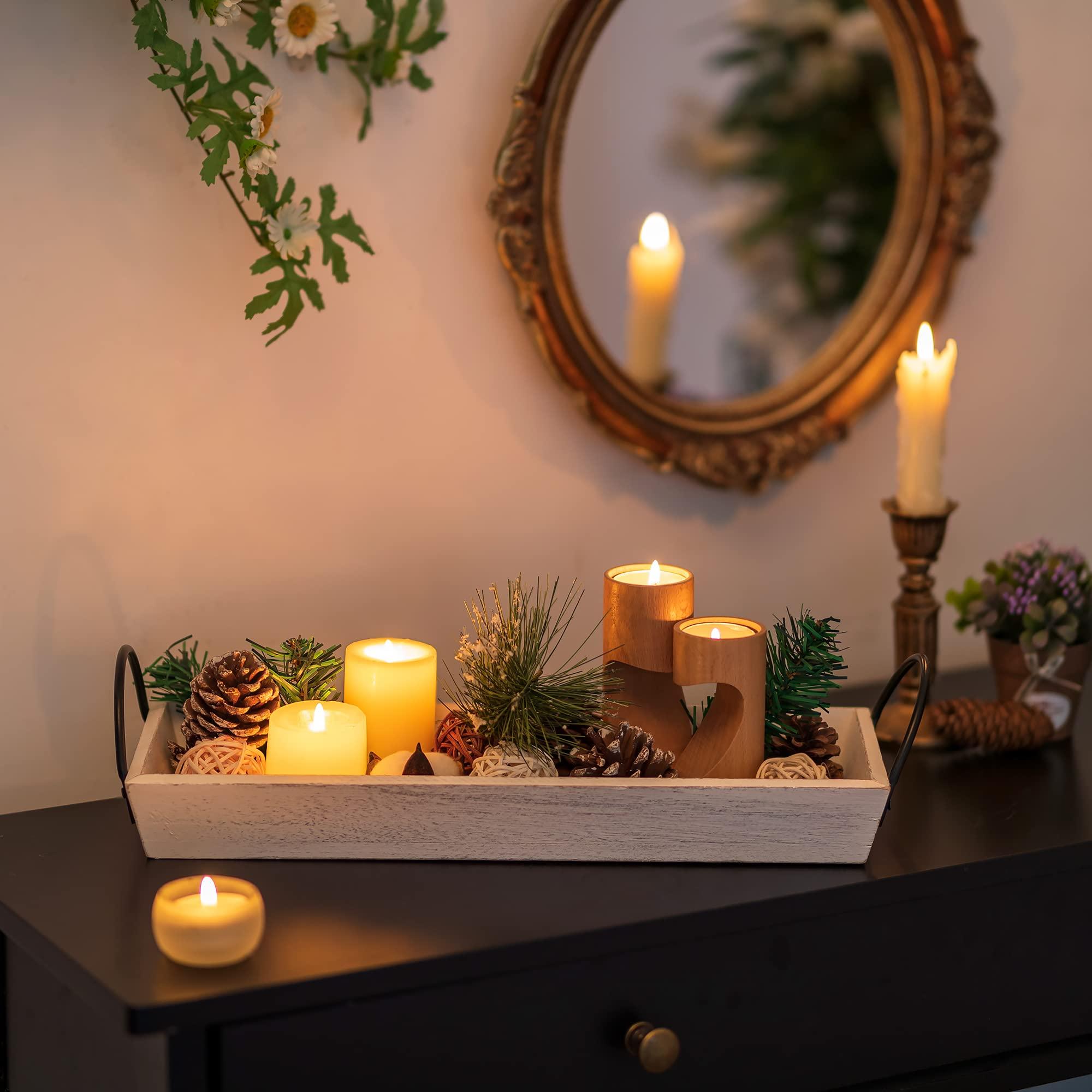 Hanobe Long Narrow Wood Candle Tray: Hanobe Rustic Wooden Candle Holders Rectangular Table Centerpieces for Dining Room Farmhouse Pillar Stand with Handle Rectangle Table Decor, Whitewashed