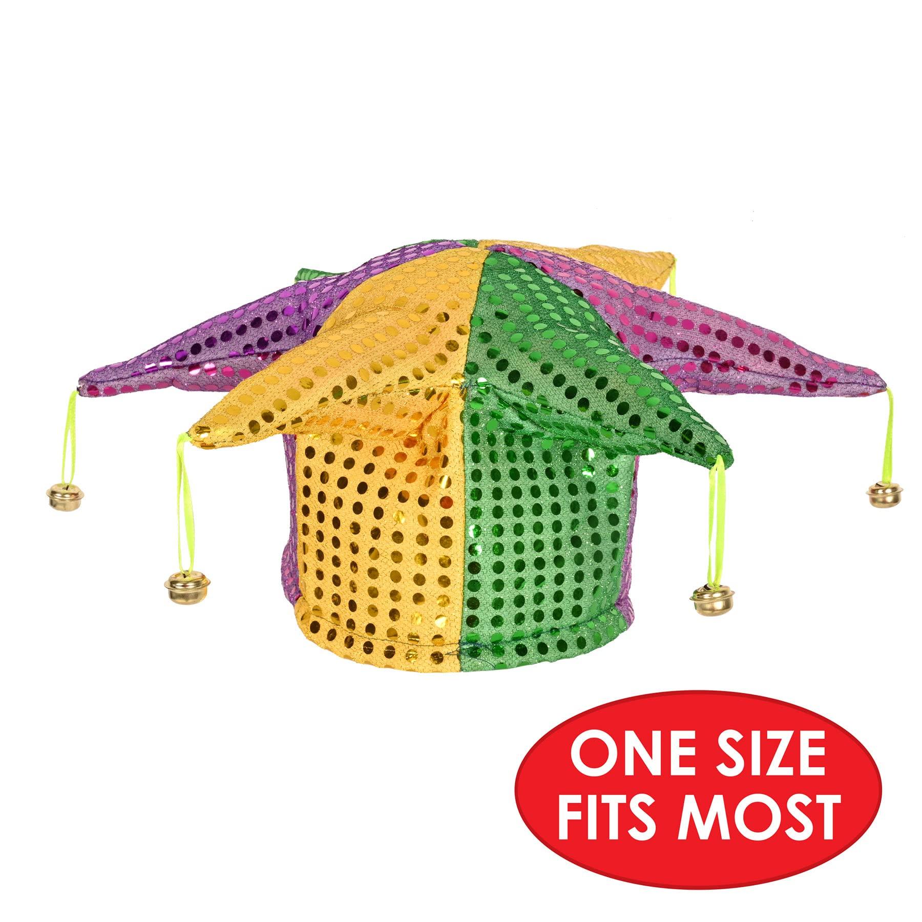 Beistle Beistle Glitz \'N Gleam Jester Hats, 3 Pack, Sequined Mardi Gras Costume Headwear with Bells in Green Gold and Purple for New Orleans Parties and Festive Celebrations