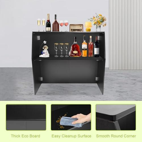 Akynjtbca Akynjtbca Bar Table Cabinet 42\" Tall Portable Event Bar, Farmhouse Coffee Bar Cabinet with Top and Middle Shelves, Foldable Bartender Station for Home&Parties (Black + Black Aluminum Cladding)