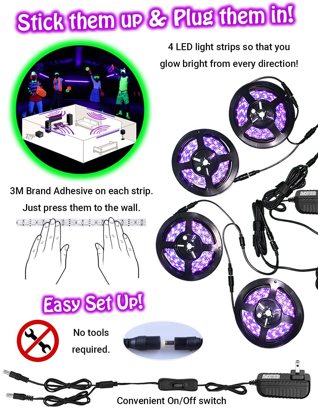 Glow Party World Black Lights for Glow Party! 115W Blacklight LED Strip kit. 4 UV Lights to Surround Your neon Party. Ultraviolet Lighting for Big Rooms. Easy Set up! Glow in The Dark Party Supplies. Fiesta Luz Negra
