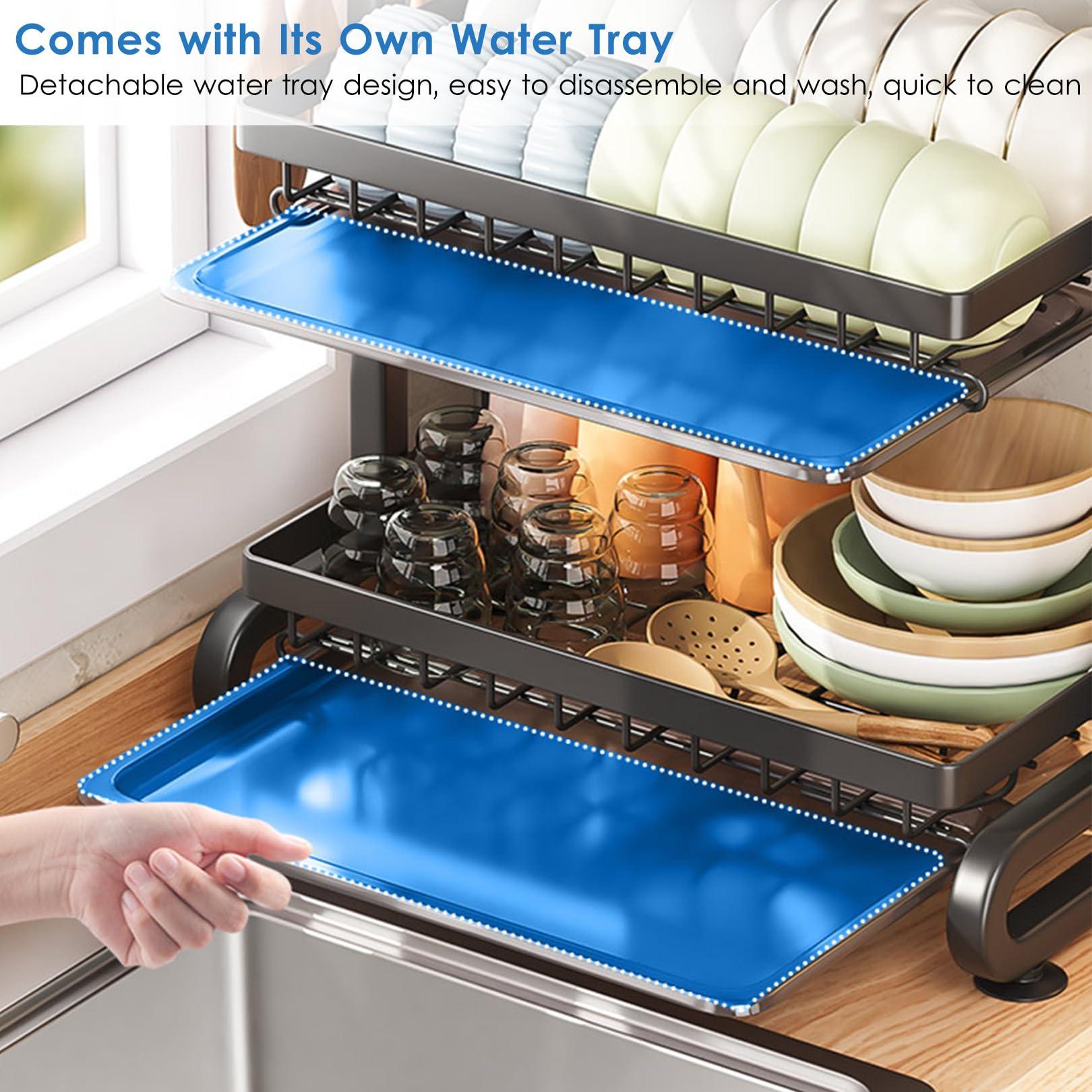 Generic 3 Tier Black Dish Drainer Rack with Drip Tray, Draining Dish Rack Drainer with Utensils Holder, Dish Drying Rack Kitchen Drainer for Small Kitchen Countertop