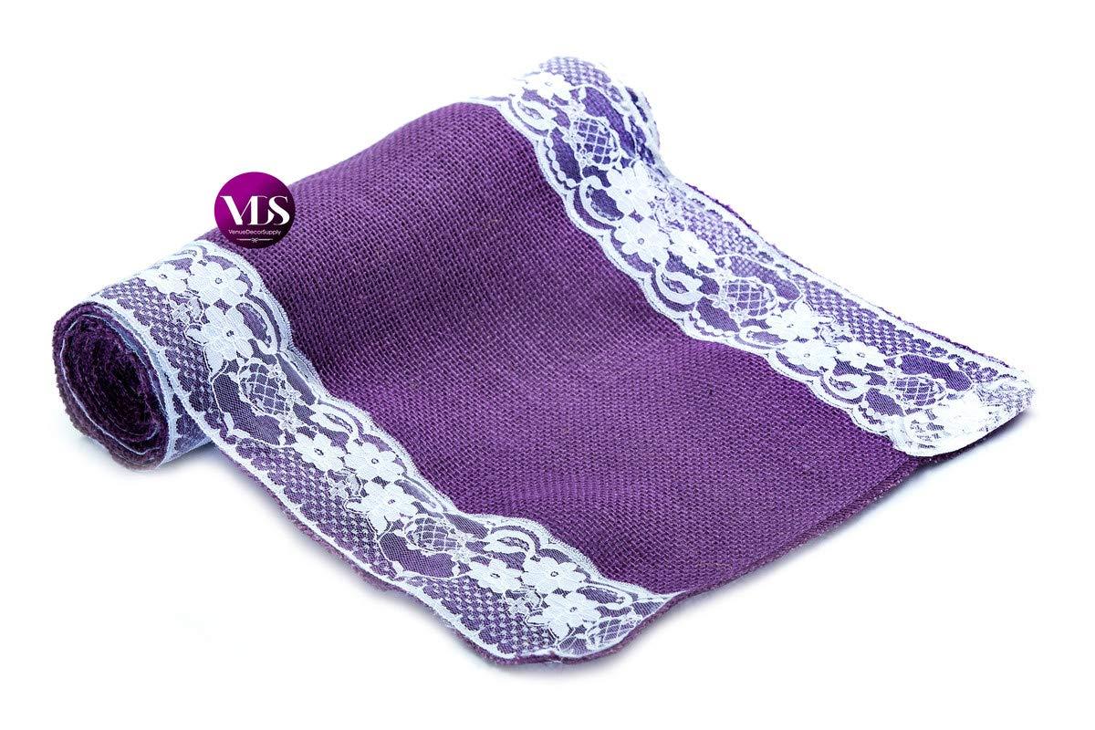 VDS VDS Pack of 20, Burlap Table Runner with White Lace Edge, 100% Natural Jute Rustic Hessian Table Cloth Centerpiece for Wedding Birthday Party Banquet Table Decoration (Size 12X108 Inch)(Lavender)