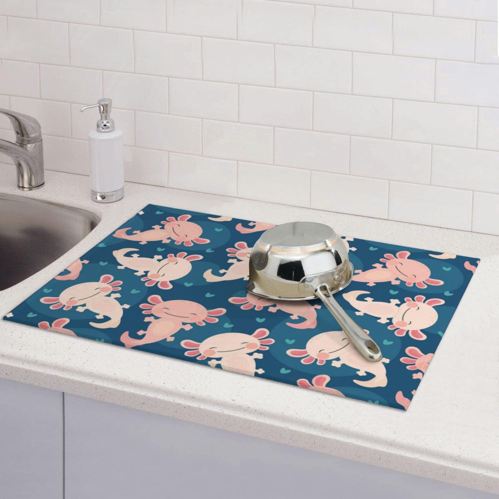 FINOWIN Dish Drying Mat for Kitchen Counter, 18x24 Inch Baby Axolotl Kawaii Dish Drainer Mat, Absorbent Reversible Microfiber XL Dish Drying Rack Pad for Kitchen Accessories