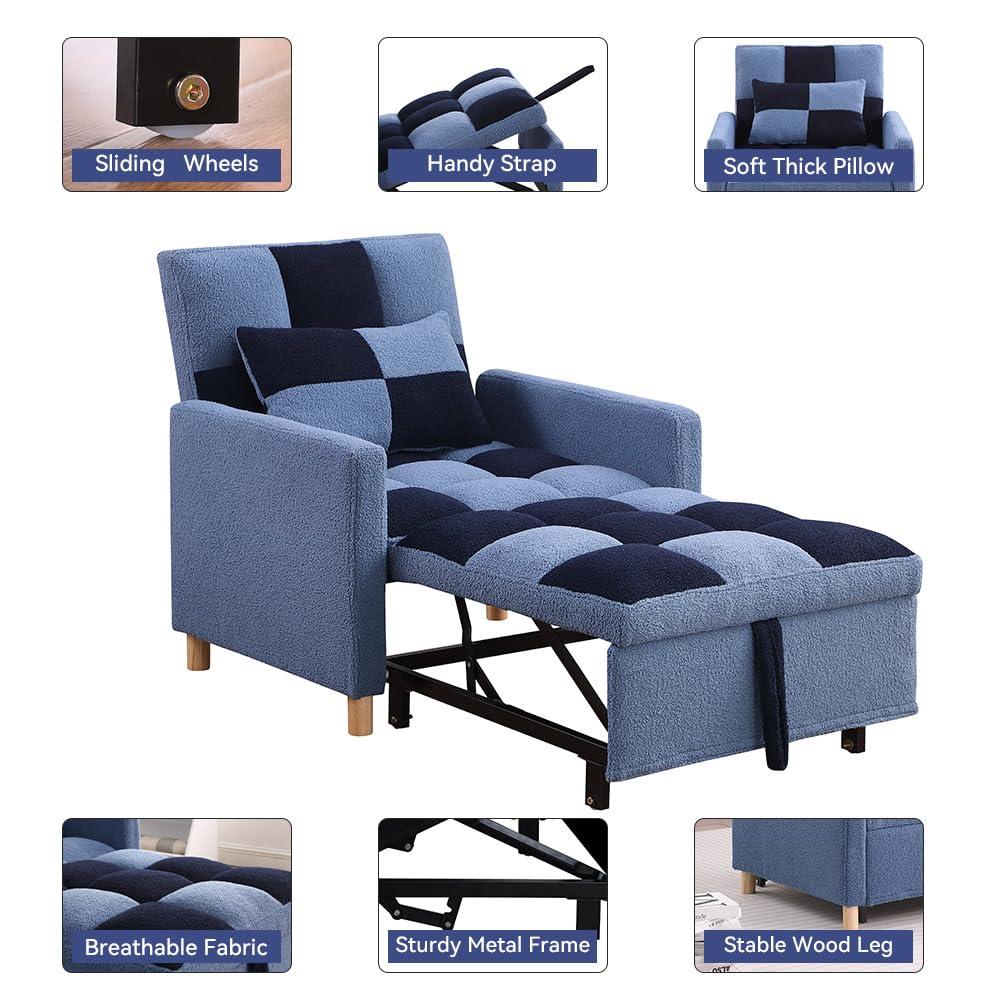 SmarvoHouse Sleeper Chair Bed - Convertible Single Sofa Chair Bed with Pillow,Pull Out Sleeper Bed with Adjustable Backrest,Multi-Functional Lounge Chair with Teddy Fabric for Apartment,Living Room (Blue)