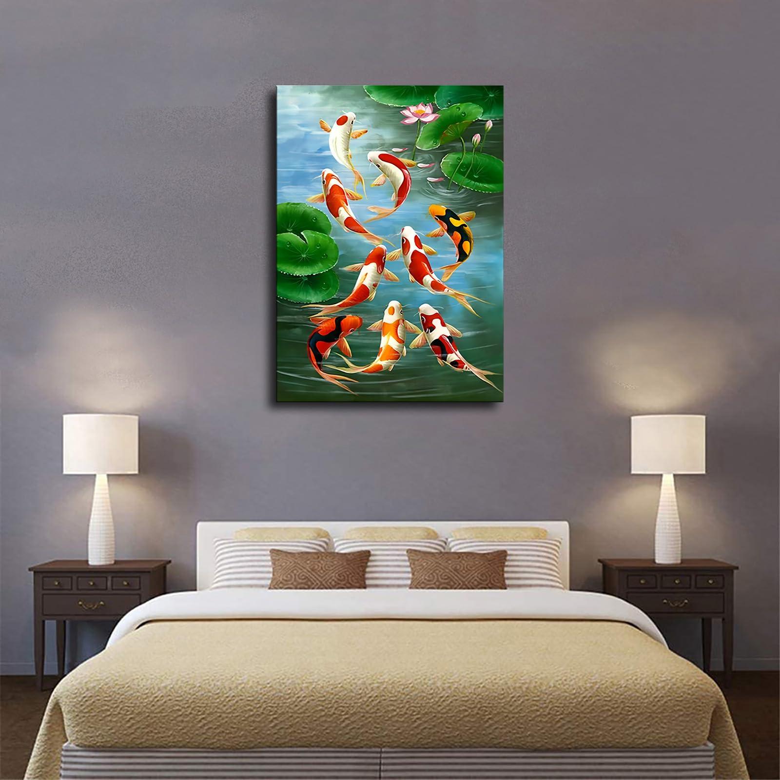 ZeeHxq ZeeHxq Feng Shui Nine Koi Fish Lucky Landscape Poster Painting on Canvas Wall Art Living Room Decoration Home (16x24inch Framed)