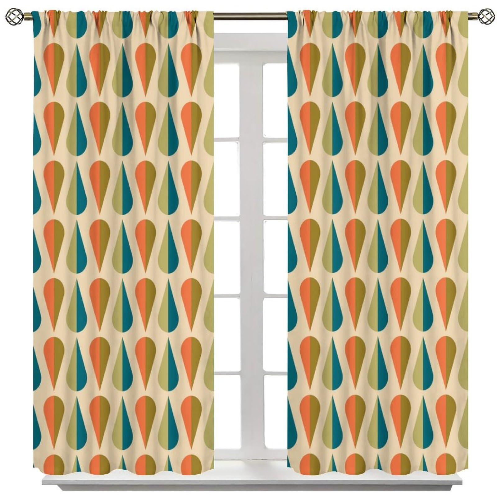 lovelockring Mid Century Curtains, Retro 50s 60s Minimalist Geometric Drop Pattern Blue Green Orange Print Window Drapes for Living Room Bedroom, 42" W X 63" L
