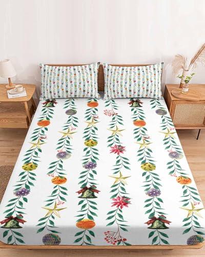 Chees D Zone Twin XL Fitted Sheet Deep Pocket Bed Sheets with Elastic, Christmas Colorful Bell Star Green Leaf Soft Brushed Microfiber Bed Sheet Set, Xmas Ornaments on White Mattress Cover with 2 Pillowcase