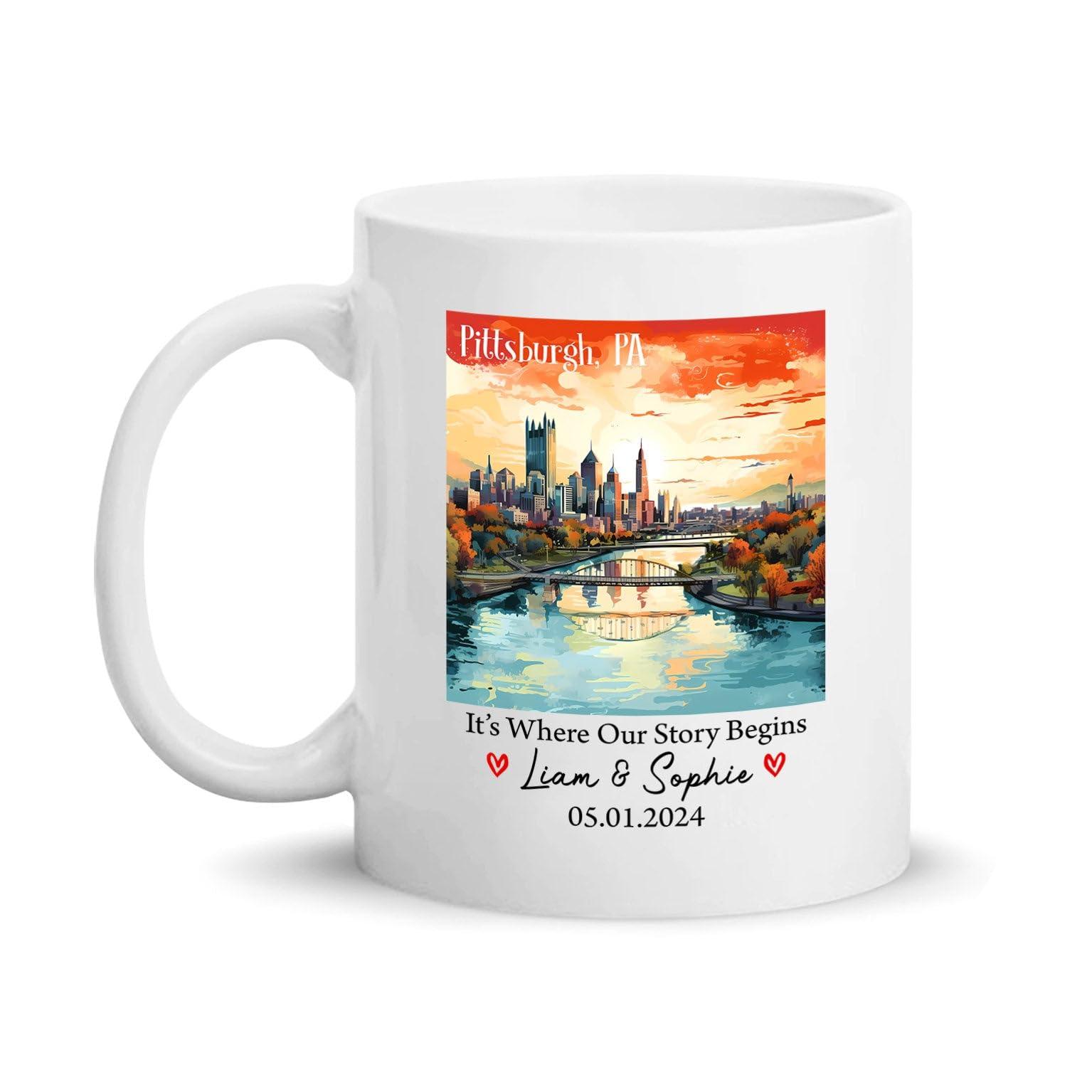 Cenluxy Personalized Pittsburgh Pennsylvania USA Coffee Mugs For Travel Lovers, It\'s Where Our Story Begins in Pittsburgh PA Ceramic Cup, Pittsburgh Lover Mug Gift, Custom Name Text Pittsburgh Porcelain Mug