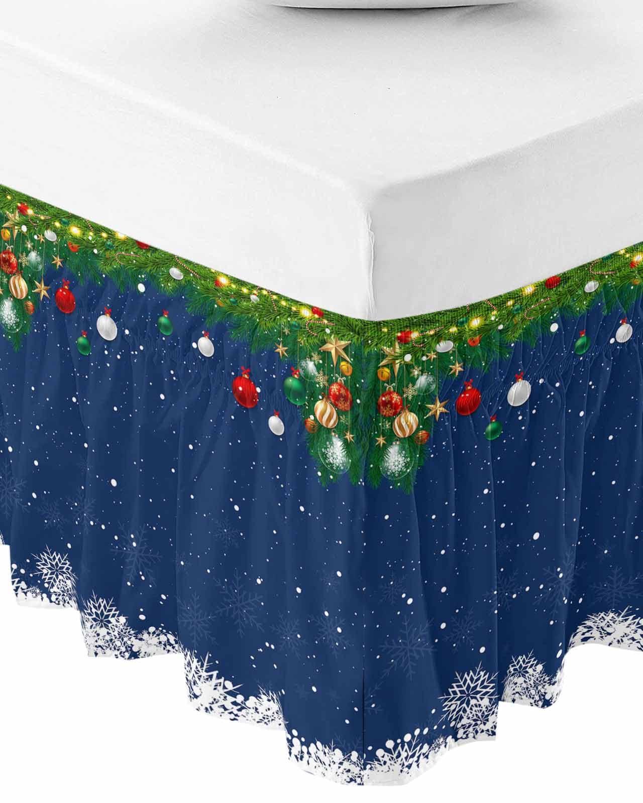 Gehucoxee Christmas Balls Navy Blue Bed Skirt Queen Size 18 Inch Drop, Adjustable Elastic Wrap Around Bed Skirts Easy Fitting Dust Ruffle Bedskirt Wrinkle Free Bed Frame Cover Winter Snowflakes Pine Branches