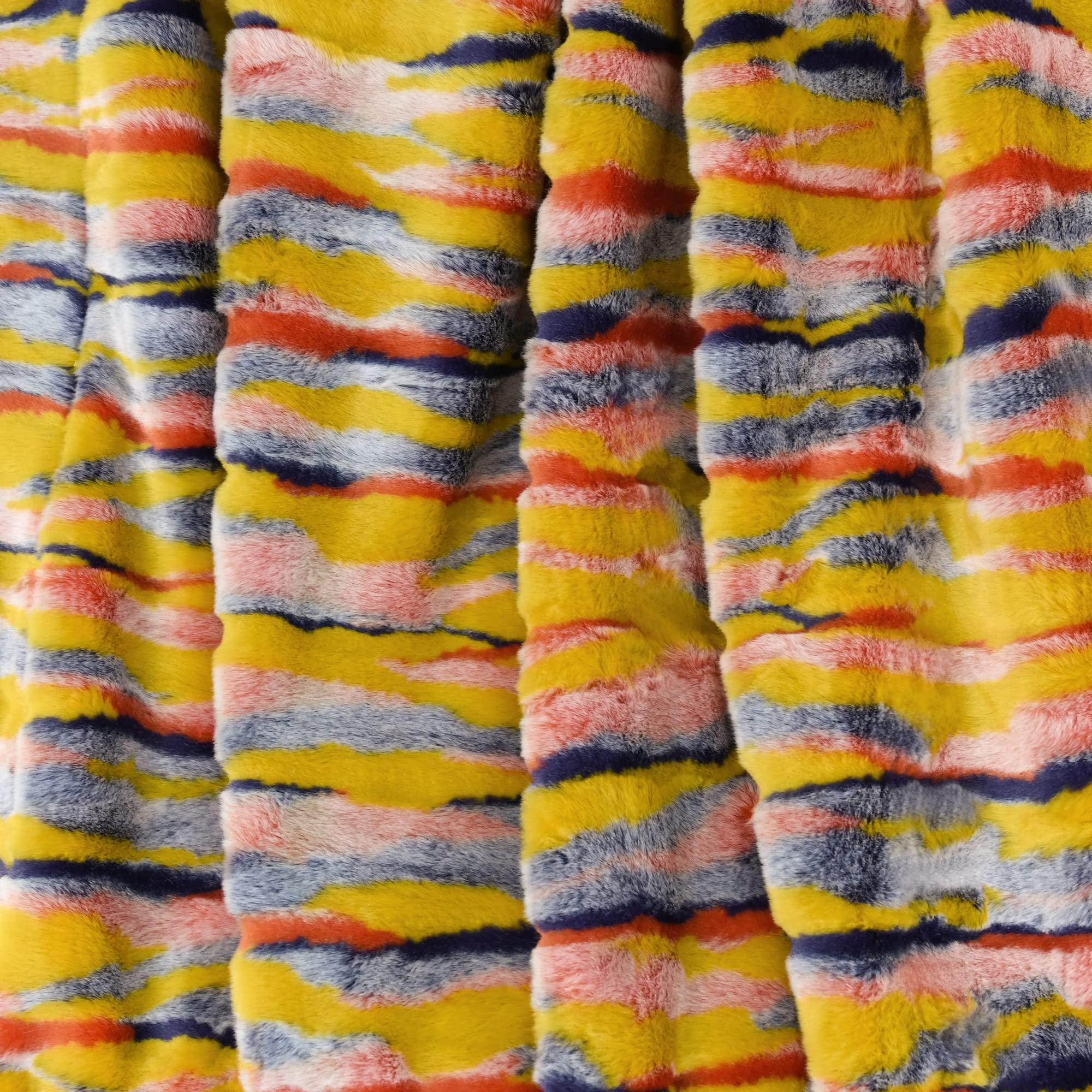 BYTIDE BYTIDE Multi Jacquard Tribal Style Rabbit Faux Fur Plush Throw Blankets with Micromink Back, Soft Warm Cozy Fluffy Fuzzy Luxury Throw for Couch Sofa Chair Bed Cover, 50\" x 60\", Orange Multi