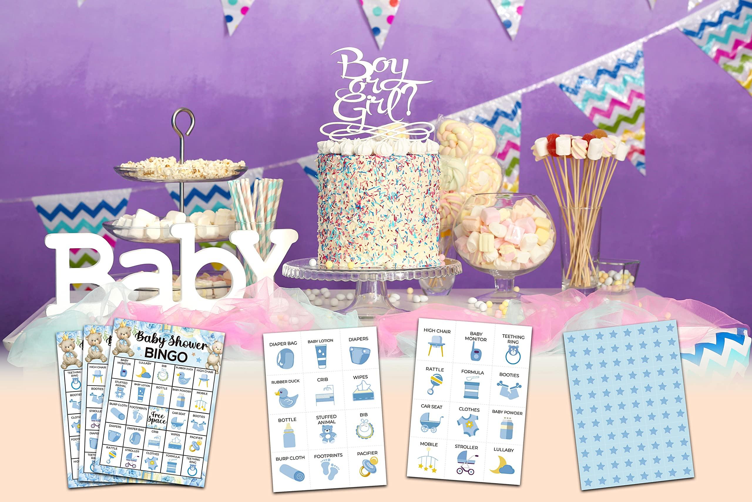 Foosproea Foosproea Baby Shower Bingo Games, Gender Neutral Baby Bingo Cards for 24 Players, Bear Balloons Card Game for Family Friends Activities, Watercolor Blue Baby Shower Party Supplies Decorations (04)