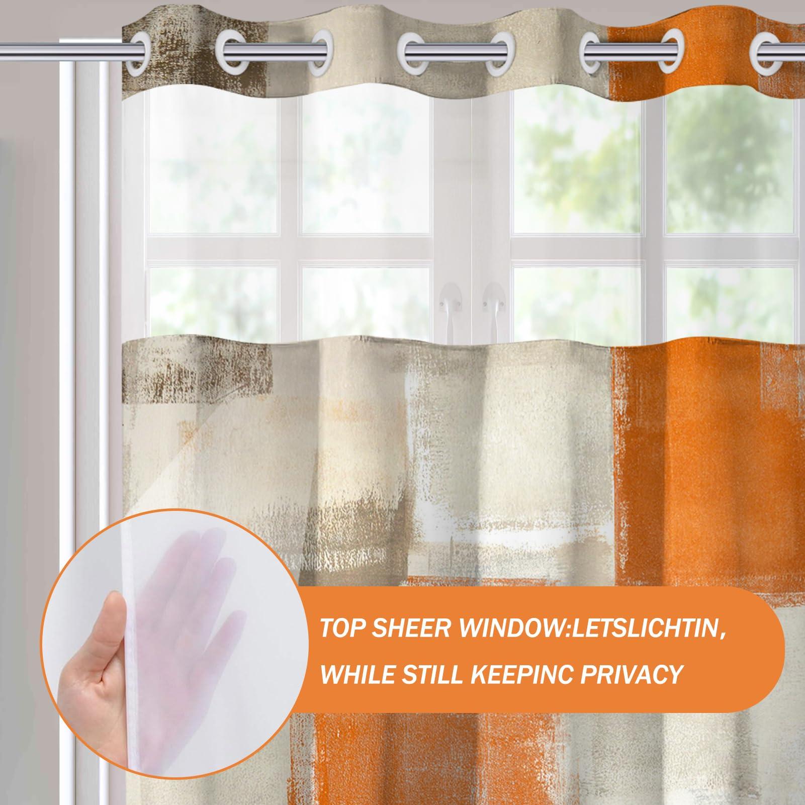 Lnond Lnond No Hook Shower Curtain with Snap in Liner, Abstract Hookless Shower Curtain, Orange Grey Shower Curtain No Hooks,Machine Washable, 71\" (W) X 74\" (H)
