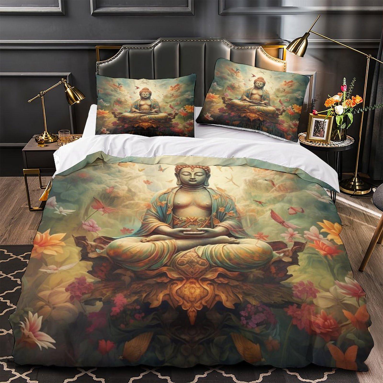 BUKISA BUKISA 3D Pattern Art Style Comforter Cover, Soft and Delipussycate Buddha Duvet Cover with Pillowcase, Cozy 3 Pieces Bed Set, Luxe Full203x228cm Bedding Set, for Kids Teens and Adults Bedroom