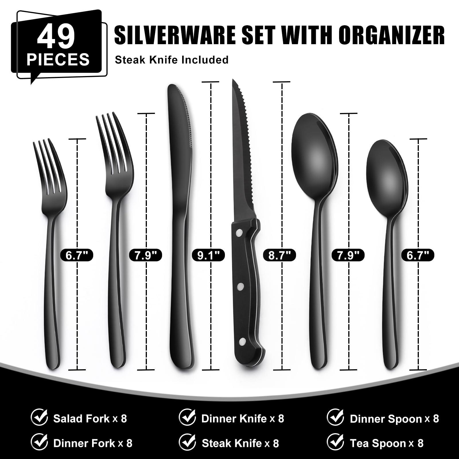 EWFEN 49-Piece Black Silverware Set with Organizer, Heavy Duty Stainless Steel Black Flatware for 8, Cutlery Utensil Sets with Steak Knives, Rust-proof, Mirror Polished, Dishwasher Safe