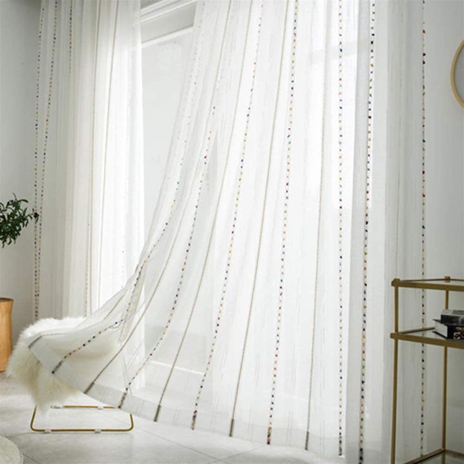 SK Studio SK Studio Sheer Curtains Rod Pocket Privacy Light Filtering Semi Sheer Drapes Tassels Farmhouse Curtains with Pom Pom for Bedroom Living Room 1 Panel White A, W55 x L57 Inch
