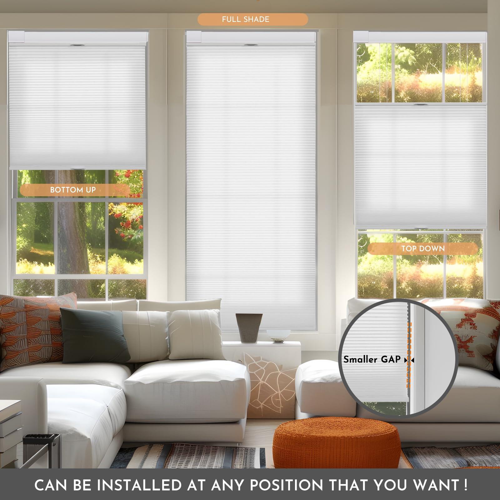 Persilux No Drill No Tools Cellular Shades for Windows, Top Down Bottom Up Honeycomb Blinds, Light Filtering Cordless Blinds for Indoor Windows, Easy to Install,Light Filtering-White,41" W X 54" H