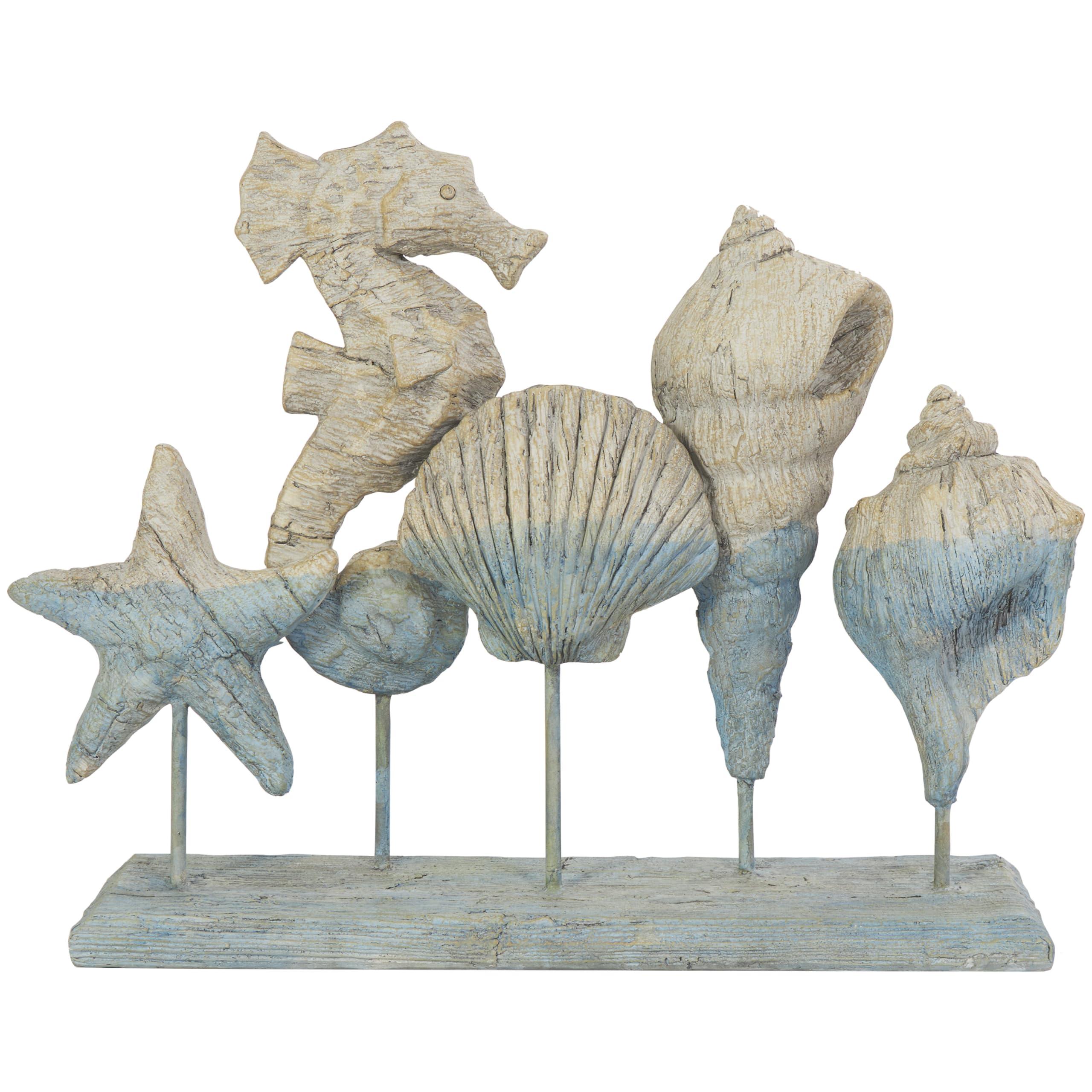 Deco 79 Deco 79 Polystone Shell Decorative Sculpture Textured Ombre Home Decor Statue with Seahorse Accent, Accent Figurine 14" x 4" x 11", Light Blue