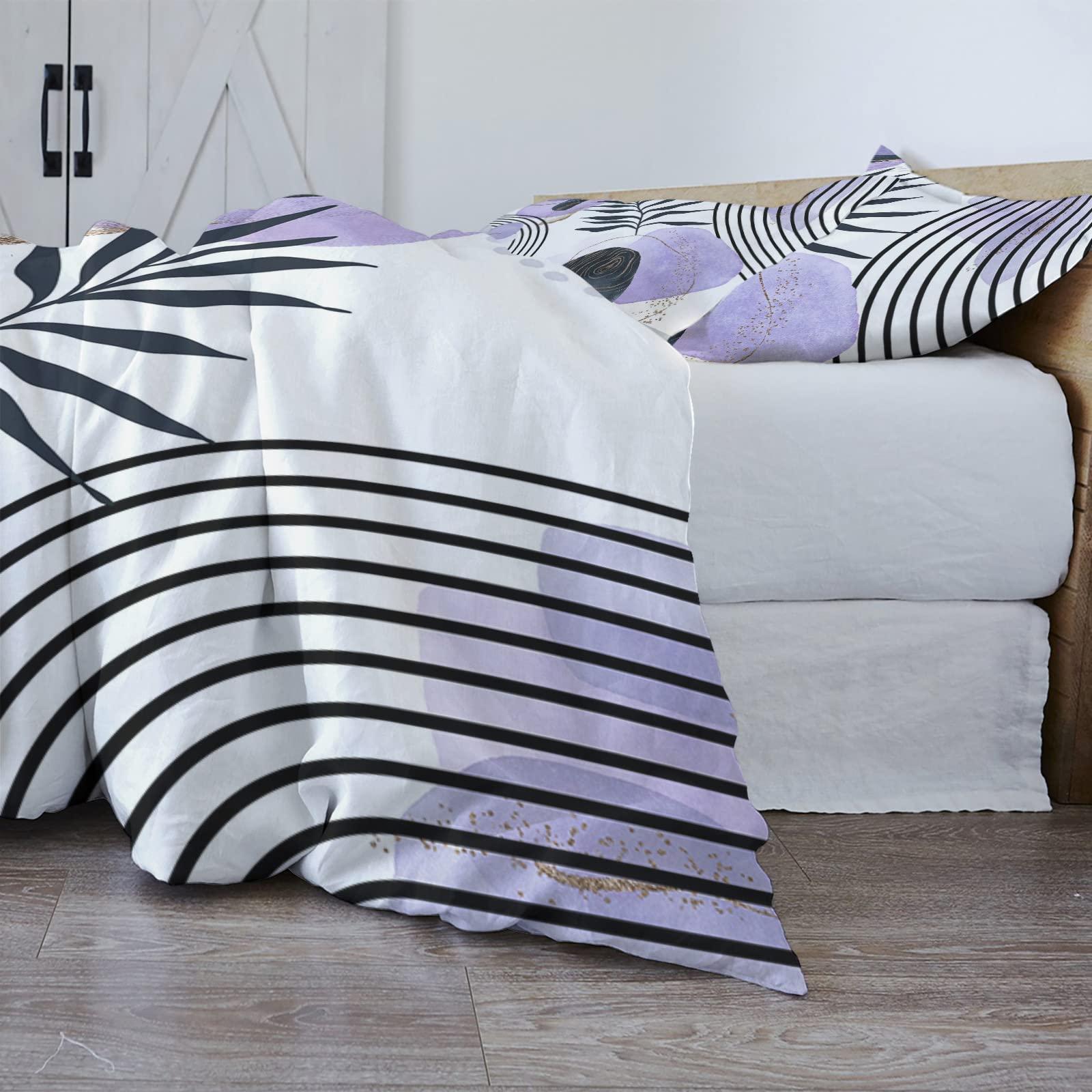 Debedcor Boho Tropical Leaves Duvet Cover Queen Size, Romantic Purple Abstract Art Neutral Comforter Cover with Zipper Closure, 3 Piece Bedding Sets 1 Duvet Cover 90x92 Inch and 2 Pillow Shams