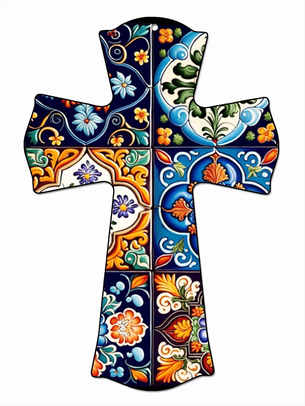 CALUOHO CALUOHO Mexican Talavera Ceramic Crucifix Wall Cross,Hand Painted Floral Hanging Wood Cross Wall Art Home Decor Wooden Cross Craft Gift 5x7 inch