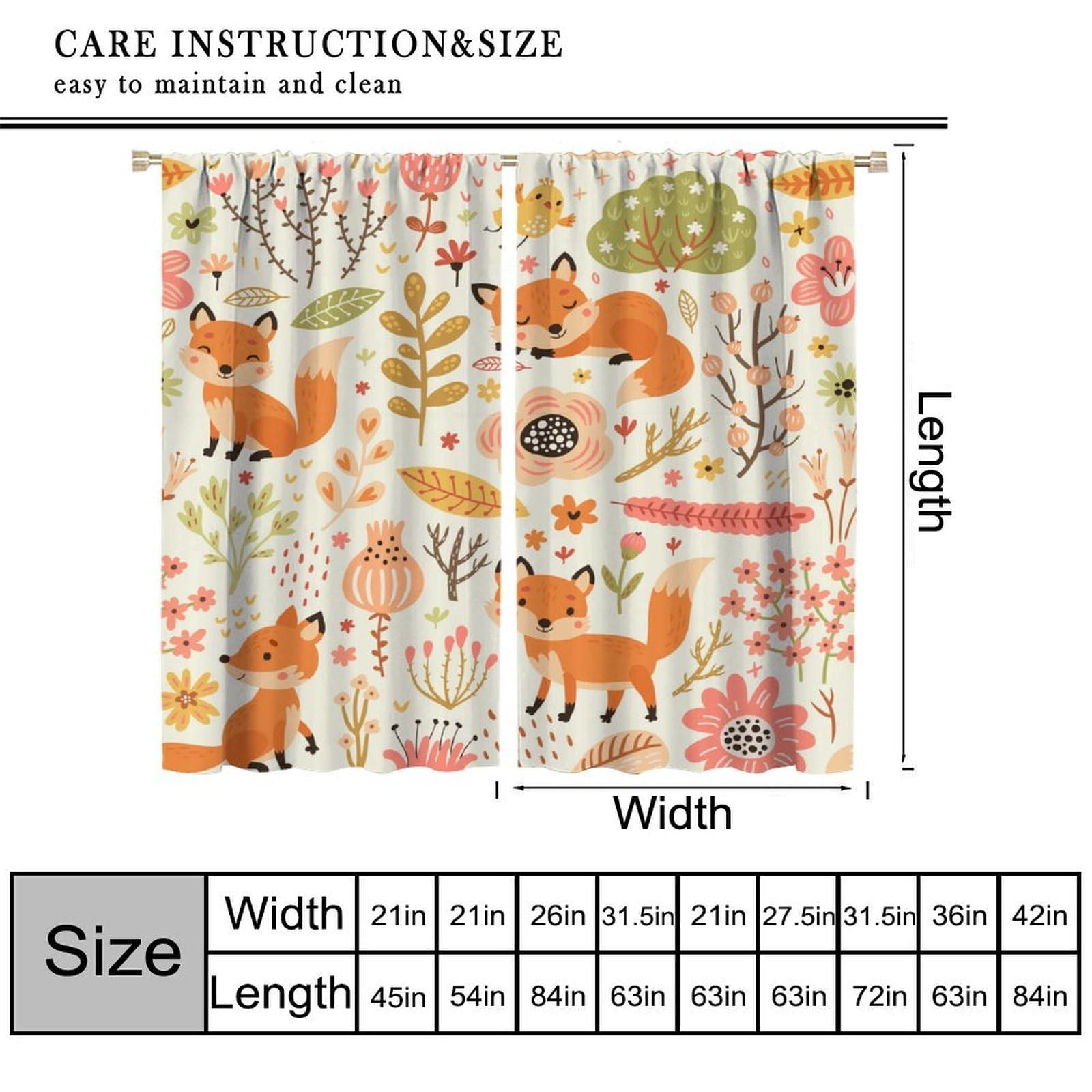 QLYYDS Cartoon Animal Curtains Autumn Forest Flowers Fox Bird Print Pattern Window Drapes for Nursery Baby Bedroom Playroom Fabric 2 Panel W42xL84in