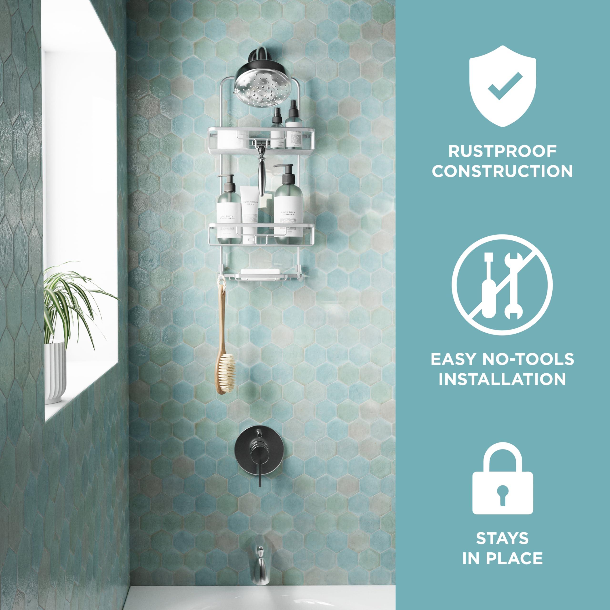 Zenna Home Zenna Home Hanging Shower Caddy with 2 Shelves, Soap Tray, Razor Holders and Hooks, Satin Chrome Rustproof Shower Rack, No Drilling Premium Over Shower Head Organizer, and Bathroom Shower Racks