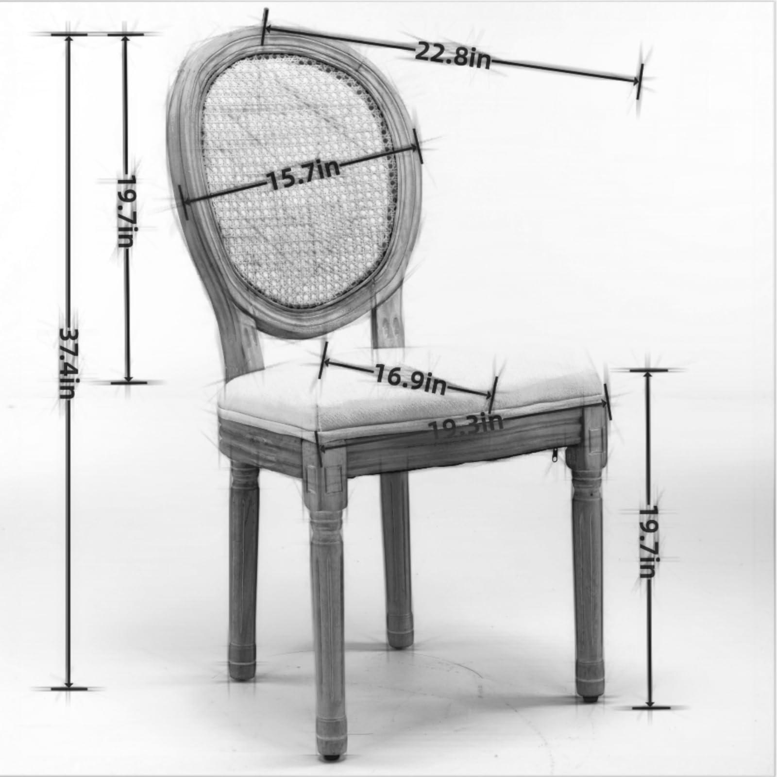 HMFULE HMFULE French Country Dining Chairs Set of 2, Rattan Dining Chair with Linen Fabric and Carved Solid Wood Frame Farmhouse Dining Room Chairs for Living Room, Kitchen, Restaurant Rattan Grey