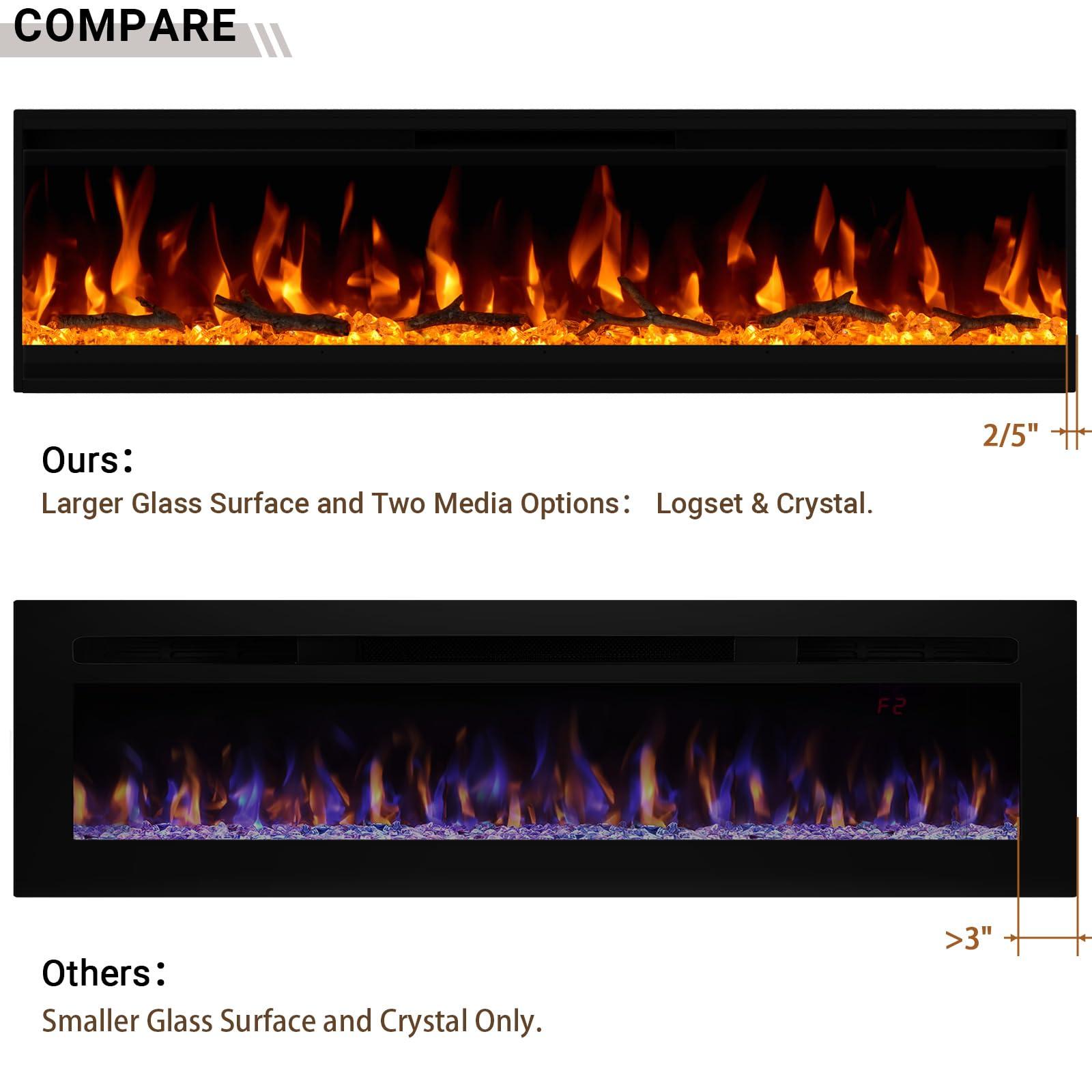 cooboom 40 inch Electric Fireplace, 4.3\" Ultra-Thin Electric Fireplace Inserts, Ultra-Narrow Frame, Wall Mounted and Recessed Fireplace, Log & Crystal, Touch Screen & Remote Control, 1500W