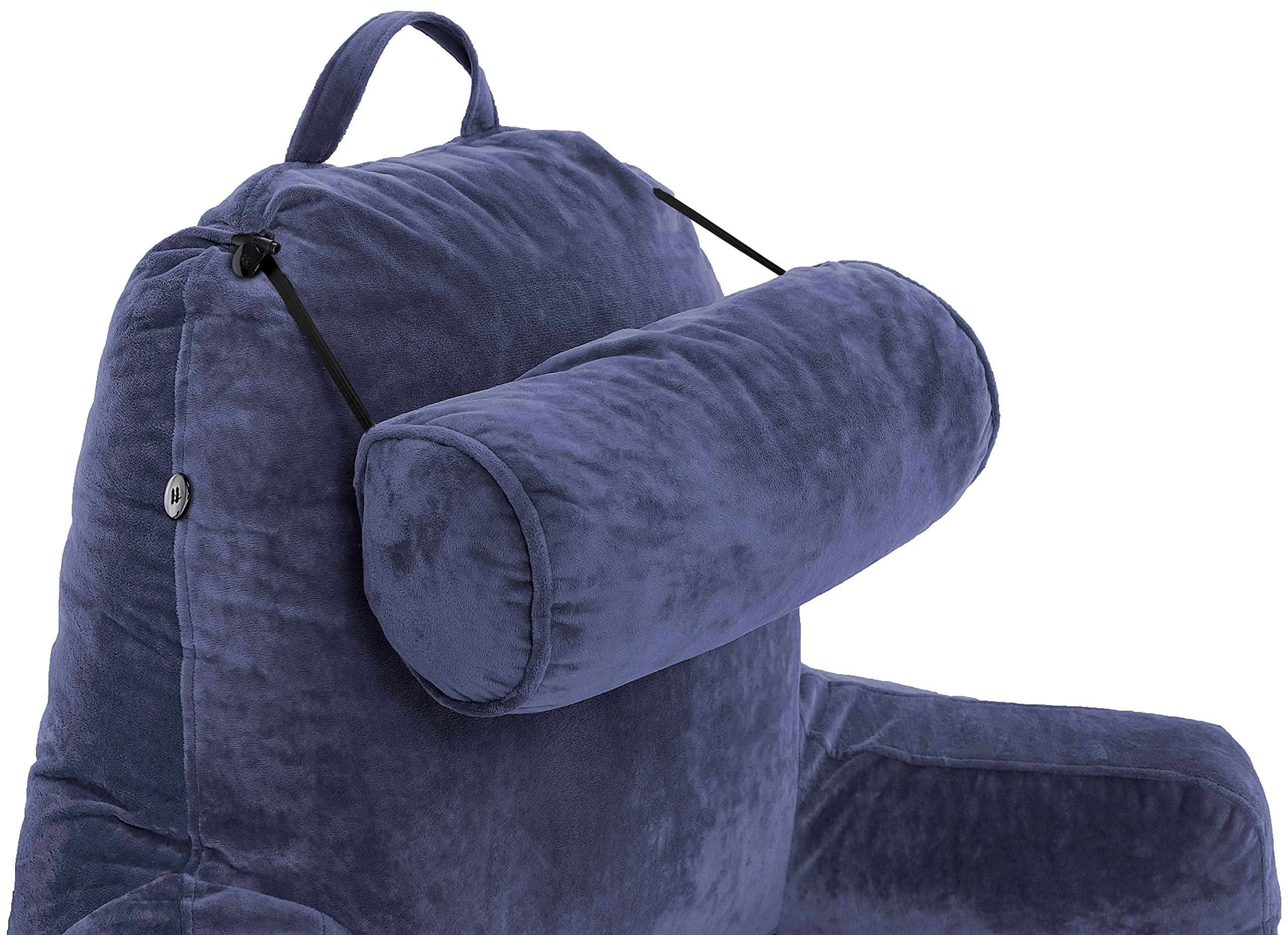 Husband Pillow Husband Pillow XXL Reading Pillow for Bed Backrest with Arms - Dark Blue - Adult - Shredded Memory Foam, Ultra-Comfy Microplush Cover & Detachable Neck Roll - Unmatched Support Bed Rest Sit Up Pillow