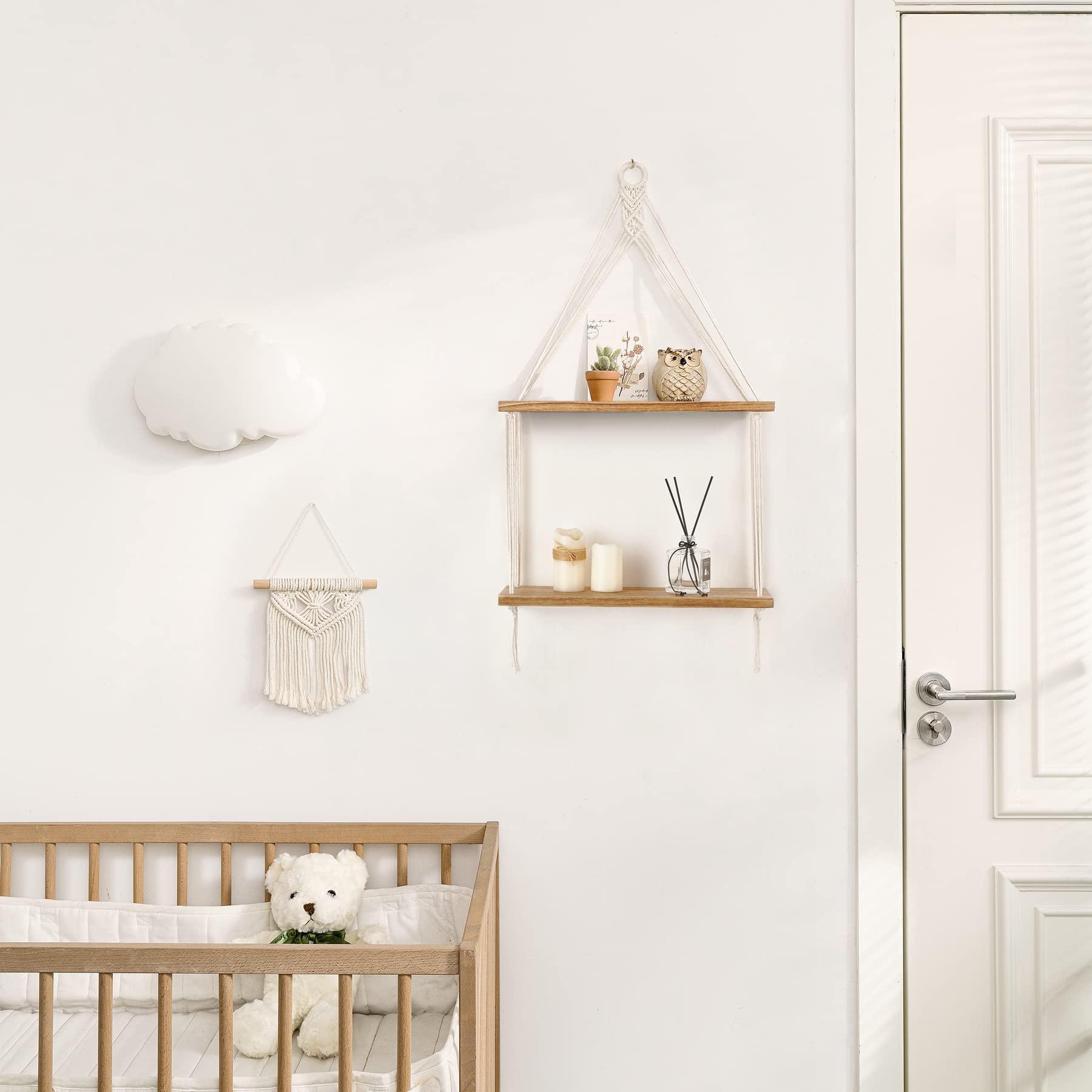 Mkono Mkono Leather Strap Swing Organizer and Macrame Hanging Shelf Boho Wall Decor 2 Tier Handmade Cotton Rope Rustic Wood Floating Shelves