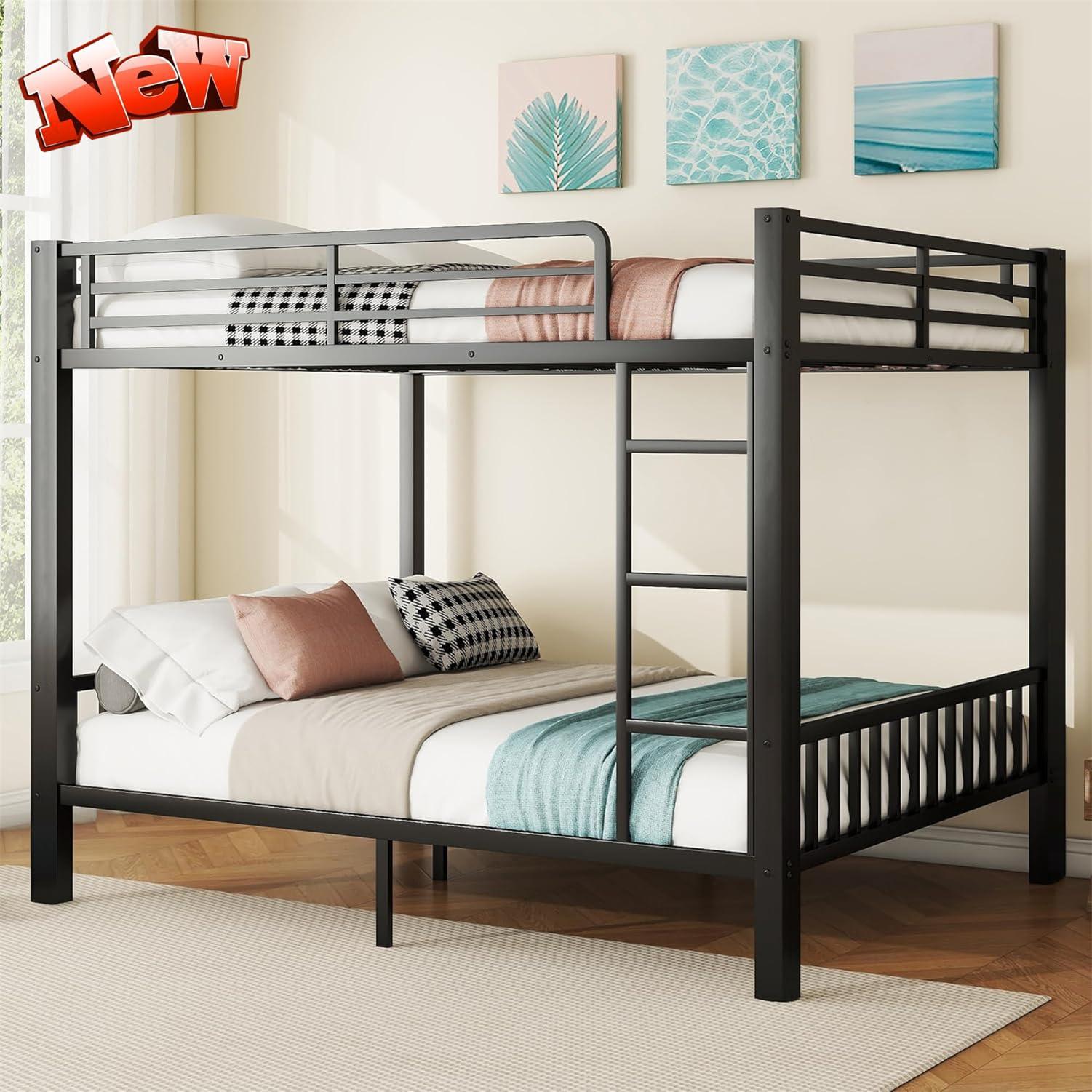 SIGONE SIGONE Stronger and Safer Metal Steel Bunk Bed Frame Queen Over Queen Size, Heavy Duty More Stable Thickened Black Metal Bunk Queen Bed (Easier to Assemble) (Queen Over Queen)