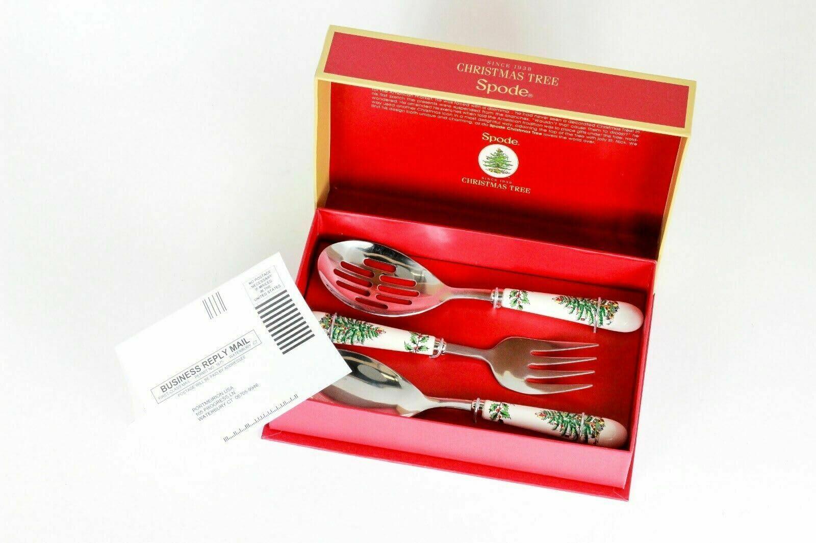 Spode Spode Christmas Tree 3-Piece Stainless Steel Cutlery Set - Porcelain Handle Flatware with Meat Fork, Serving Spoon, and Slotted Spoo - Holiday Silverware for Christmas Dinners & Seasonal Gatherings