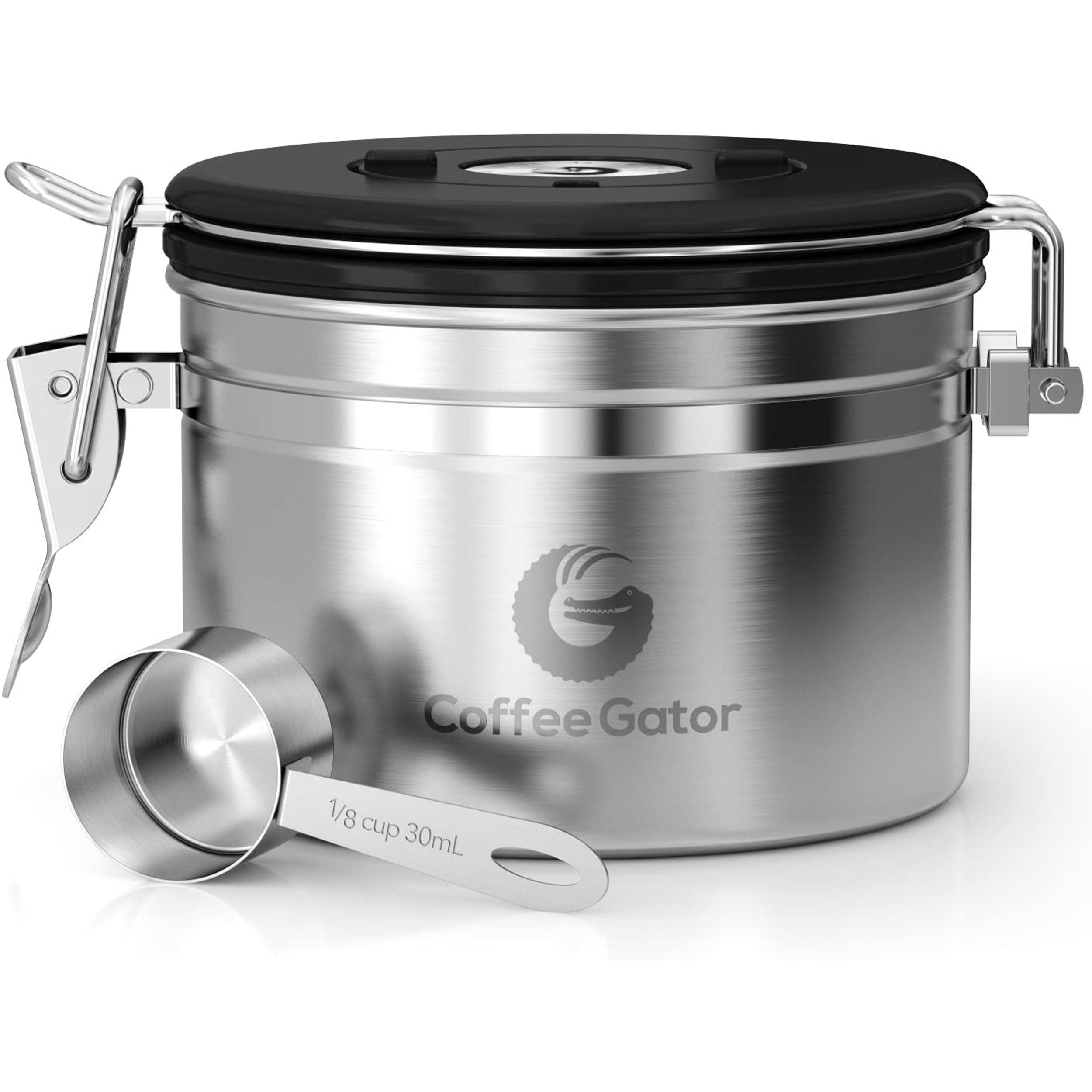Coffee Gator Coffee Gator Stainless Steel Canister - Small 11oz, Silver Coffee Grounds and Beans Container with Date-Tracker, CO2-Release Valve, and Measuring Scoop - Ideal Coffee Lovers Gifts for Her