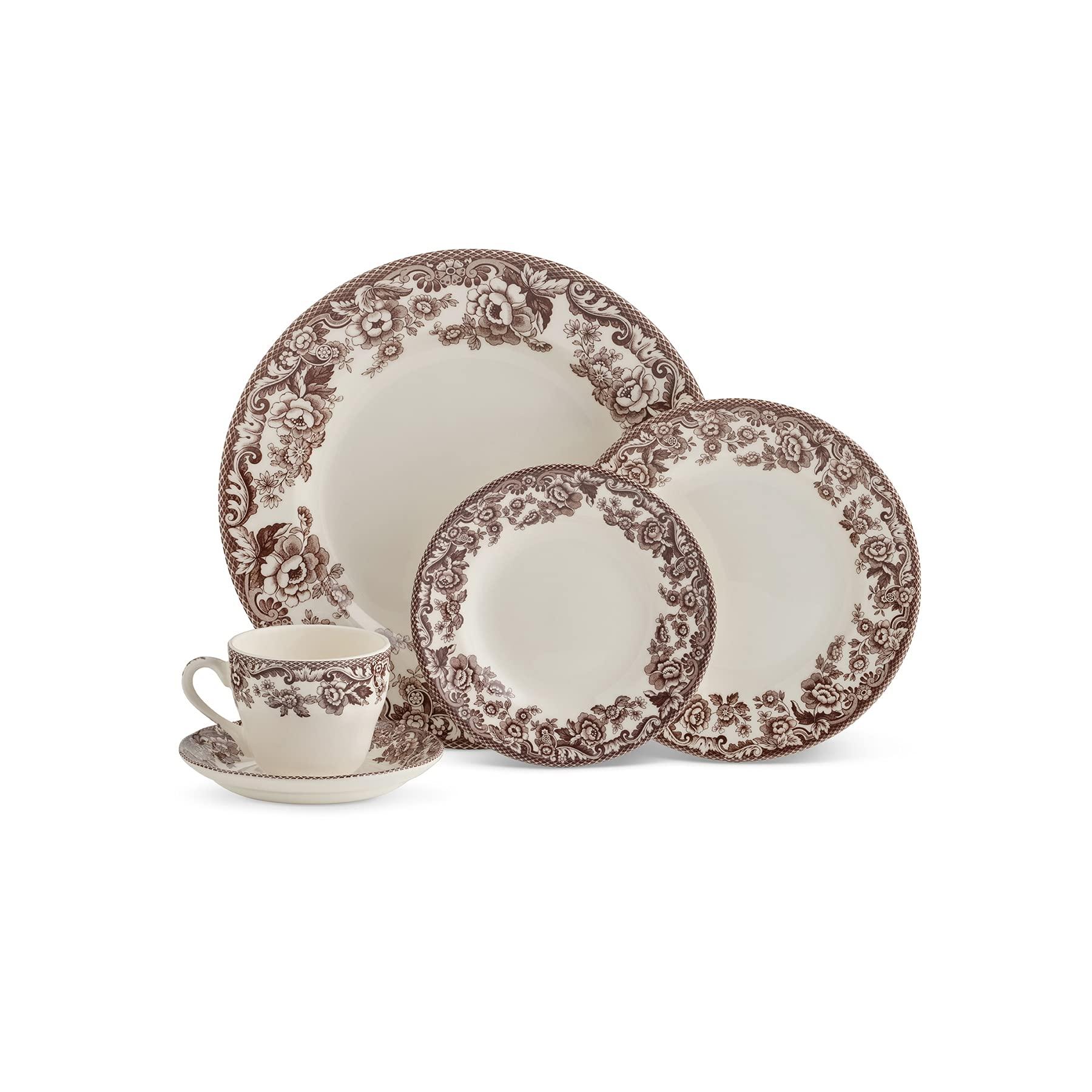 Spode Spode Delamere 5 Piece Place Setting, Brown Earthenware, Includes Dinner Plate, Salad Plate, Bread Plate, Teacup and Saucer, Microwave and Dishwasher Safe