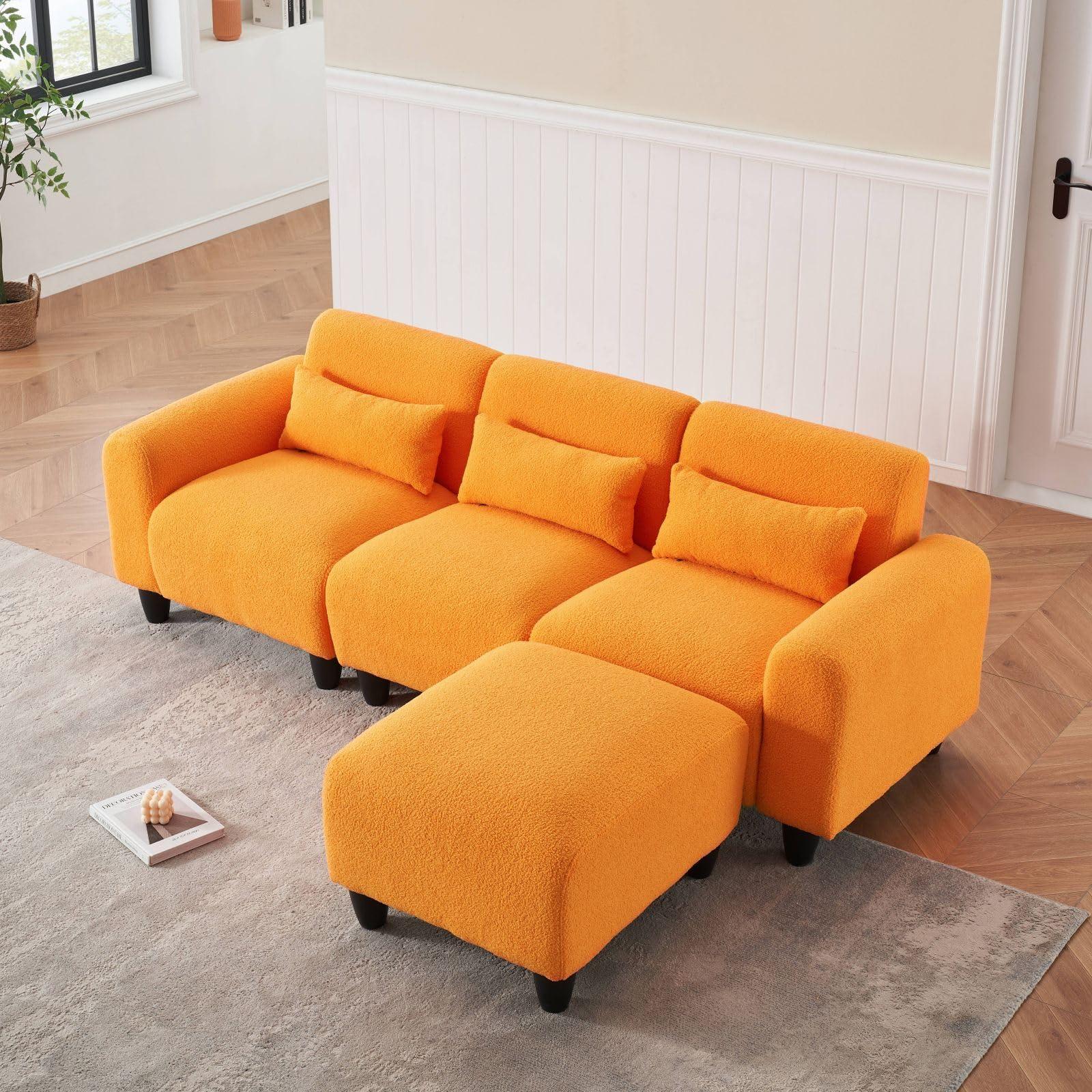 KEVINSPACE KEVINSPACE 84.6" Convertible Sectional Sofa Couch 3-Seat Couch with Convertible Ottoman 3 Pillows Teddy Fabric L-Shape Sofa Indoor Furniture Small Couch for Living Room Apartment Office Orange