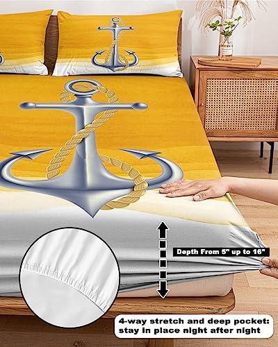 ZFUNCING Marine Nautical Silver Ship Anchor Fitted Bed Sheets Twin XL Size Fit 5-16inch Deep Pockets,Luxury Bottom Sheet Bedding Set with Pillow Case,Yellow Gradient Art Wave Stripe Fitted Sheet for Mattress