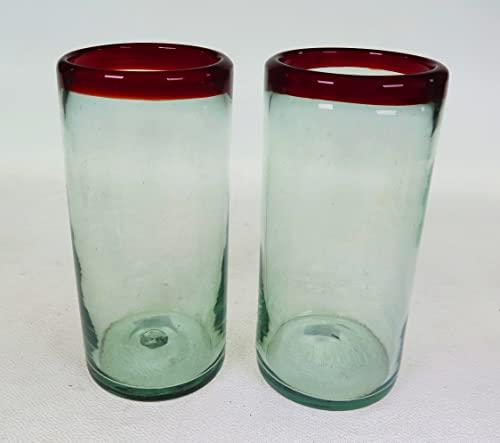 Mexican Glasses Mexican Glasses, Red Rim, hand blown, tumblers (set of 4)