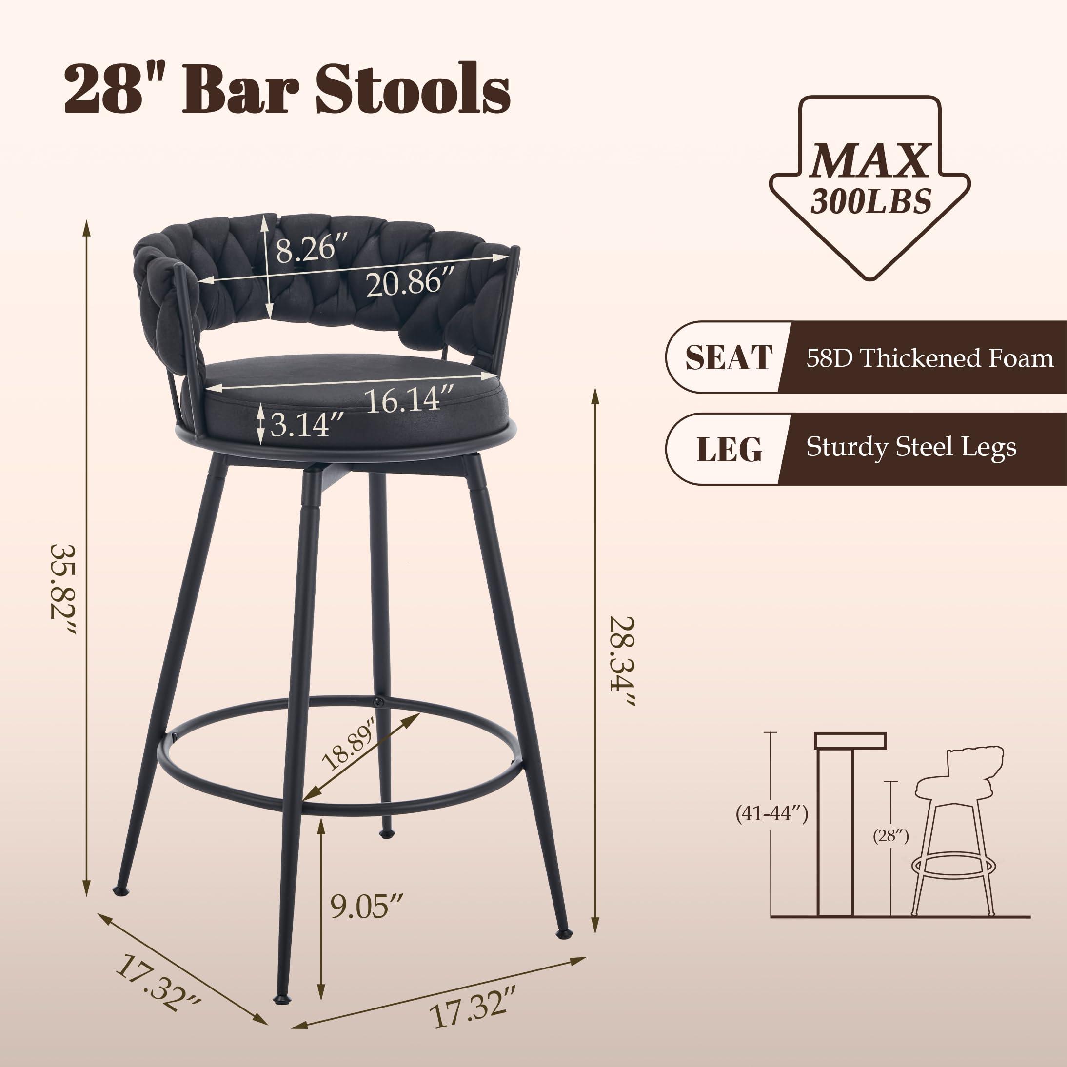 LONXIU LONXIU 360 Swivel Bar Stools Set of 4, 28 inch Counter Height Bar Stools Modern Barstools with Woven Back and Suede Fabric, Metal Frame & Footrest for Kitchen Island, Cafe, Pub, Bar Counter, Black