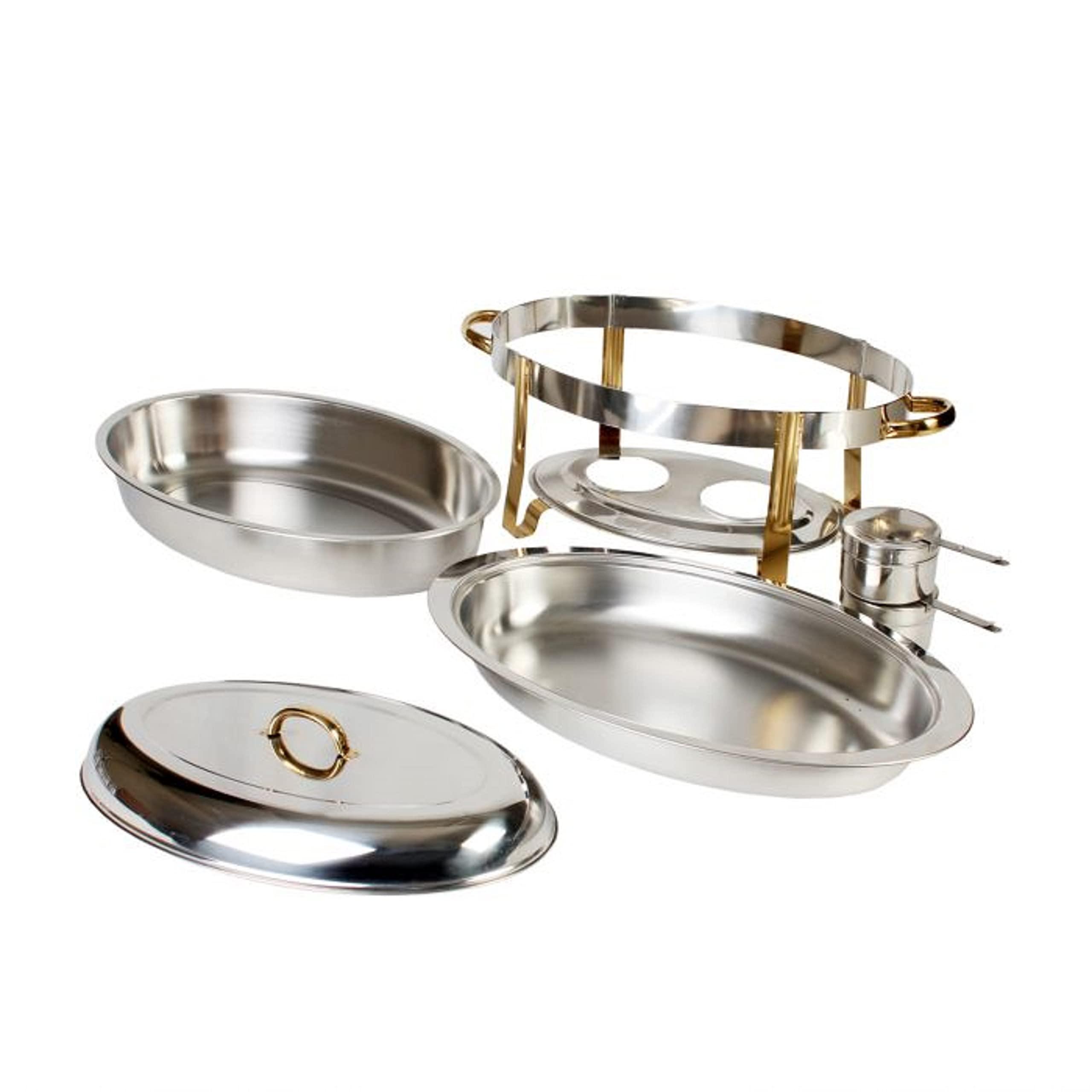 TrueCraftware TrueCraftware- 6 Qt. Stainless Steel Half Size Oval Chafing Dish Gold Accented Complete Set- Food Warmer Chafers and Buffet Warmer Sets for Catering Event Party Holiday Buffet Weddings Catering