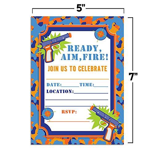 Amanda Creation Dart Gun Birthday Party Invitations, 20 5\"x7\" Fill In Cards with Twenty White Envelopes by AmandaCreation