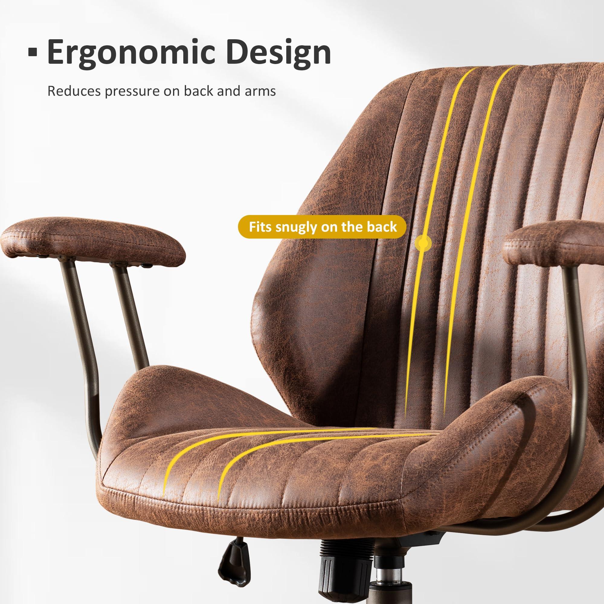 ovios ovios Home Office Chair with Rolling Swivel Wheels, Mid Back Faux Suede Leather Chair with Armrests, Mid-Century Modern Desk Computer Chair for Executive Office, Dark Brown