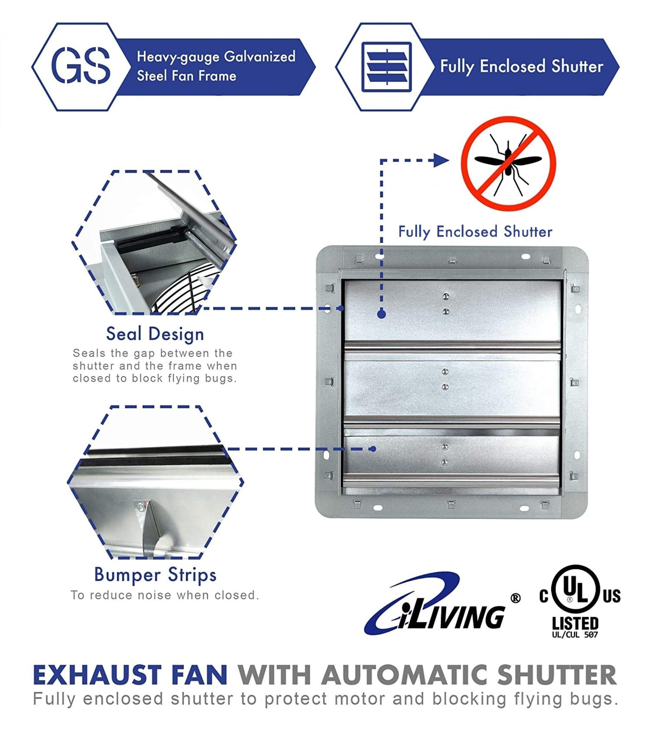 iLIVING iLiving 12-Inch Wall Mounted Exhaust Fan with Variable Speed, 960 CFM, 1400 SQF Coverage Area, Silver