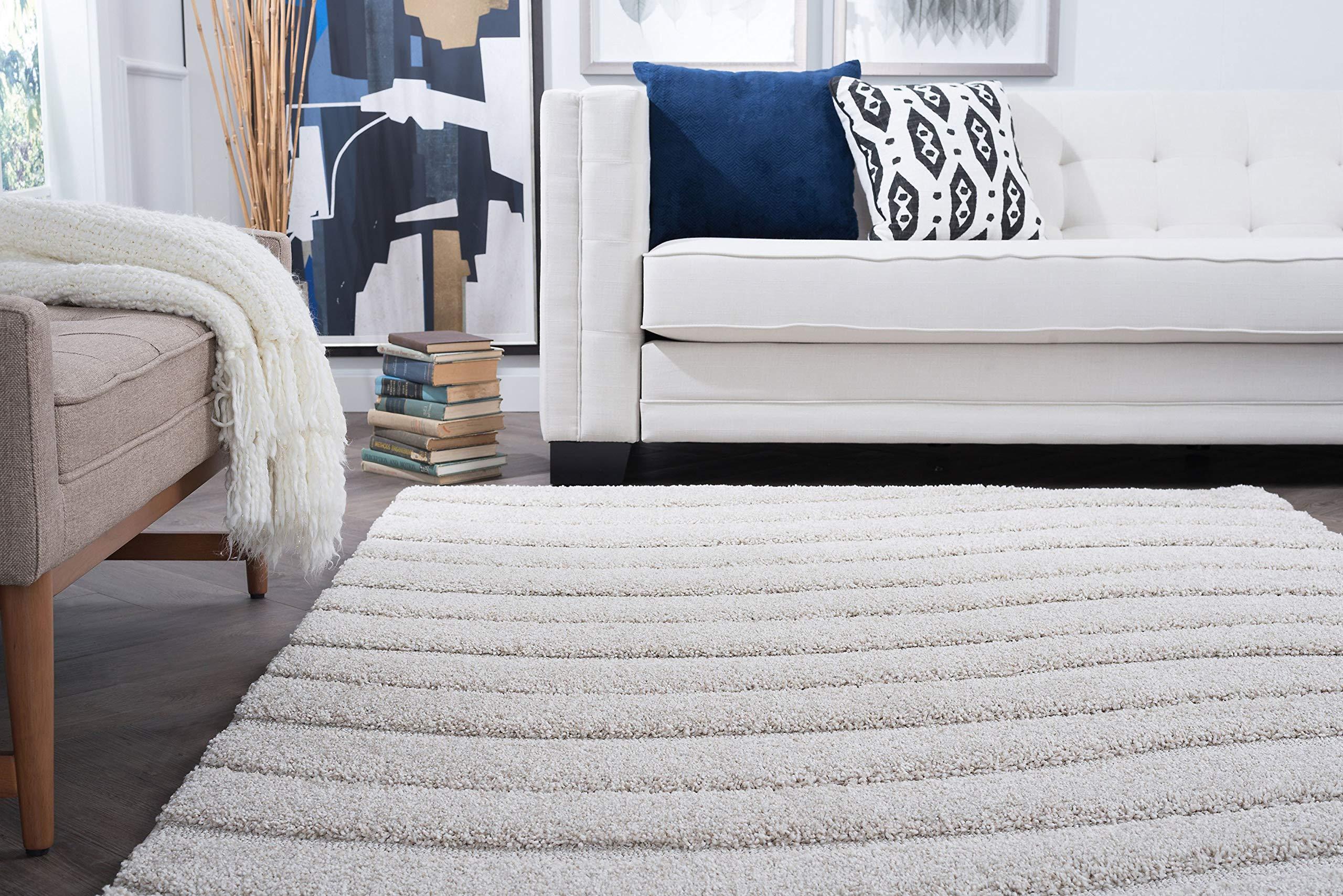 Tayse Tayse Waveland Cream 7 Foot Shag Square Area Rug for Living, Bedroom, or Dining Room - Shag, Stripe