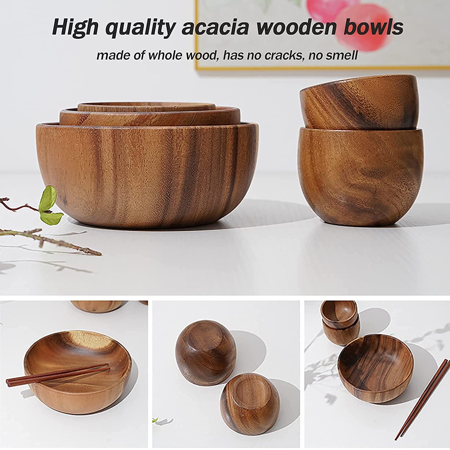 Junorstar Bowl Household Rice Bowl Ramen Bowl Tableware Wood Bowl with Servers Set, Wooden Salad Bowl Set of 5, Individual Bowls for Food And Snacks, Salads, Pasta, Acacia Hardwood Dinnerware Set,Brown