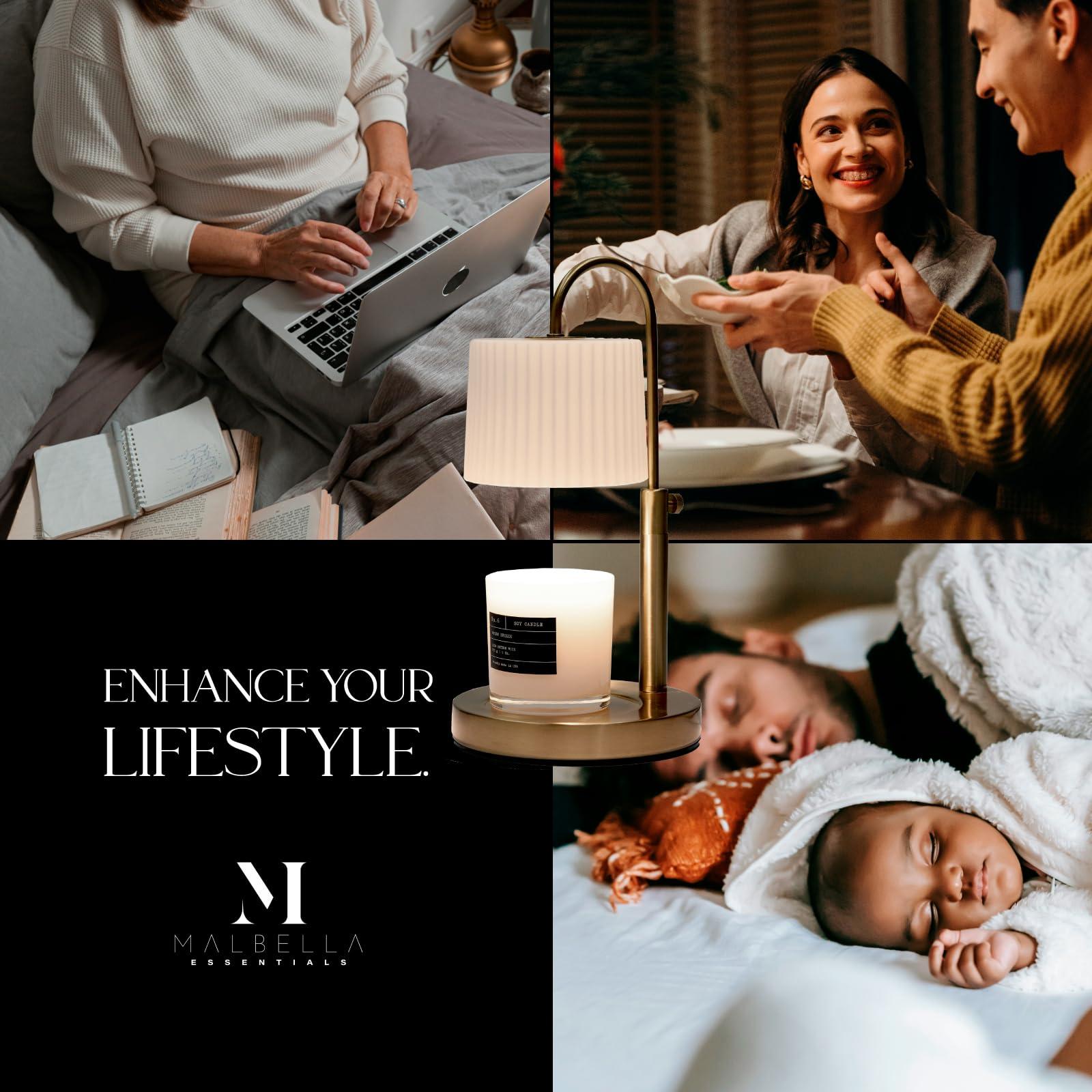 Malbella Essentials Dimmable Glass Candle Warmer Lamp with Timer - Adjustable Height Candle Lamp Warmer with Timer (8H/4H/2H) - Wax Melter - Ideal Gift, fits Various Size Scented Candles - 02 Bulb - (Gold Metal)