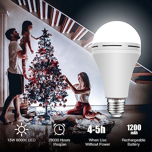 Neporal Neporal 4 Pack Emergency-Rechargeable-Light-Bulb, Stay Lights Up When Power Failure, 1200mAh 15W 80W Equivalent LED Light Bulbs for Home, Camping, Tent (E27, with Hook) (Daylight)