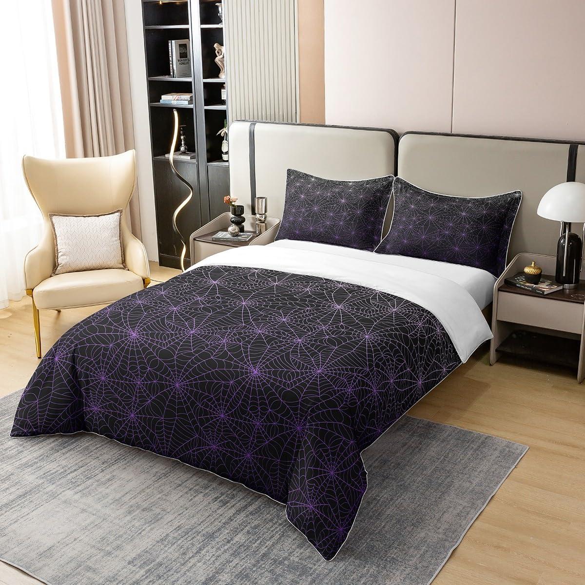 Erosebridal 100% Cotton Spider Web Bedding Set Full Size Halloween Duvet Cover Geometric Stripes Lines Comforter Cover Purple Ombre Quilt Cover for Adult Men Women Soft Comfy Bedroom Decor, Black White
